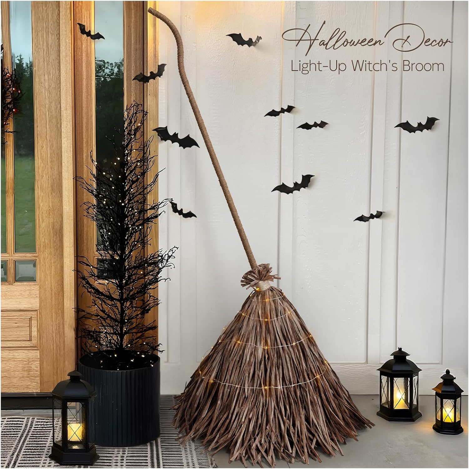 Halloween Decorations – Fall Decor for Home – 5.5 Ft Giant Light-Up Witches Broom – Rustic Farmhouse Decoration for Indoor Outdoor Front Door Porch