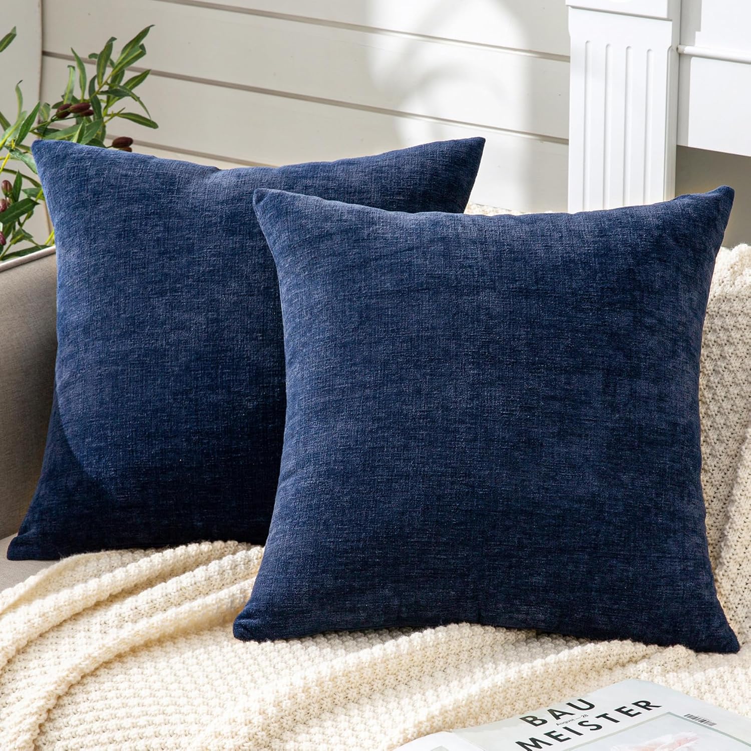 GAWAMAY Decorative Square Throw Pillow Covers 18″x18″ Inch Set of 2, Super Soft Chenille Pillows Cover Fall Pillowcase for Living Room Bedroom Sofa Couch Cushion Cover Navy Blue 45x45cm (Only Covers)
