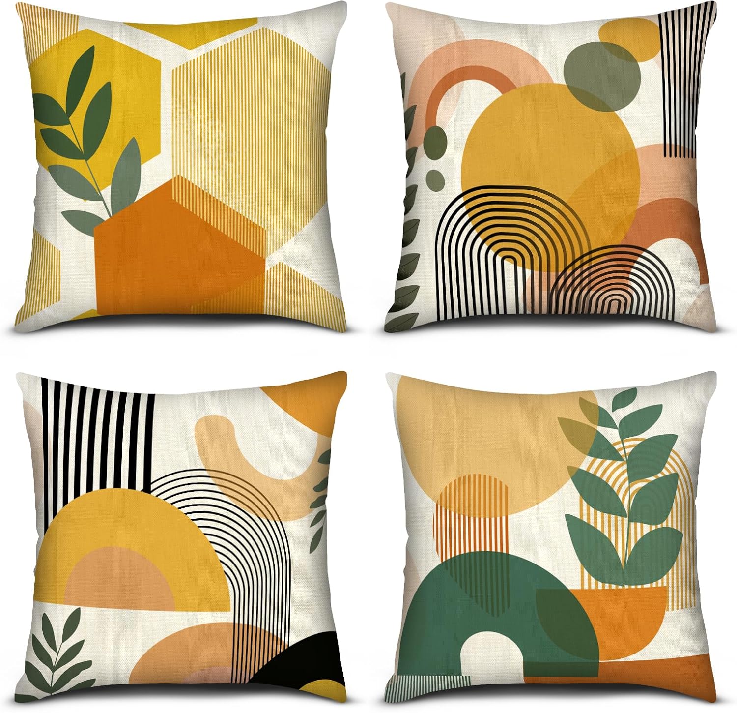 PICKFORU Boho Throw Pillow Covers Set of 4, 18×18 inch Abstract Yellow Green Throw Pillowcase Modern Art Cushion Case for Couch Sofa