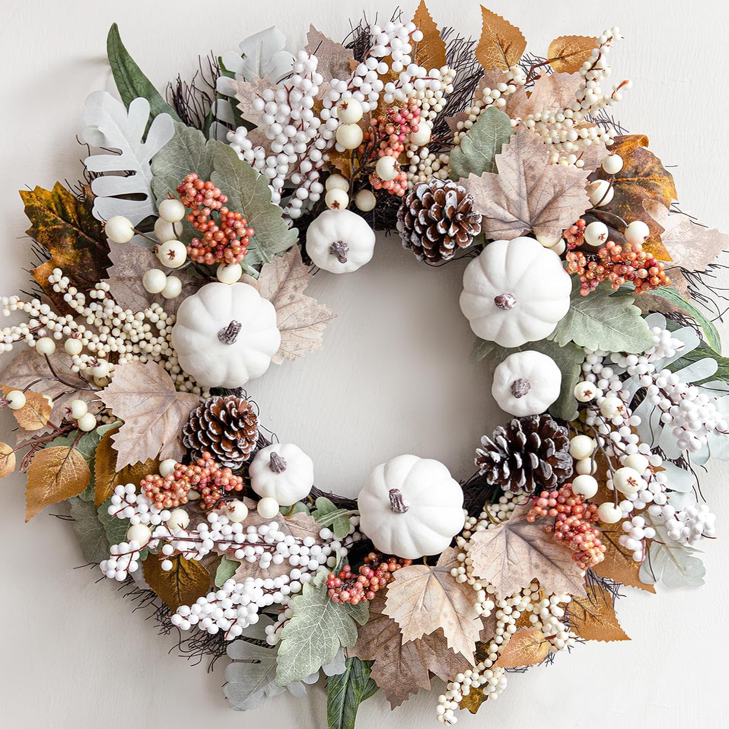 Fall Decor – 18 Inch Autumn Maple Leaf Pumpkin Pine Cone Berry Wreath | Fall Decorations for Home – Fall Wreath for Thanksgiving Halloween Farmhouse Harvest Front Door Outdoor Indoor Window Wall