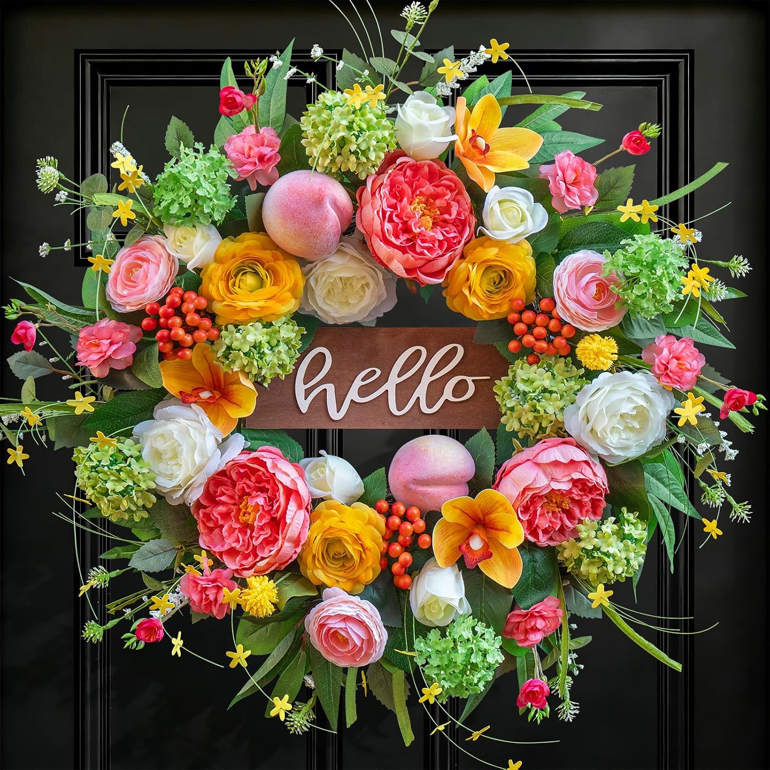 Spring Wreath for Front Door, 24 Inch Artificial Spring and Summer Wreath with Peony, Rose, Orchid, Hydrangea and Gardenia Flowers, Peach, Berries and Hello Wooden Sign, Decor for Indoor Outdoor