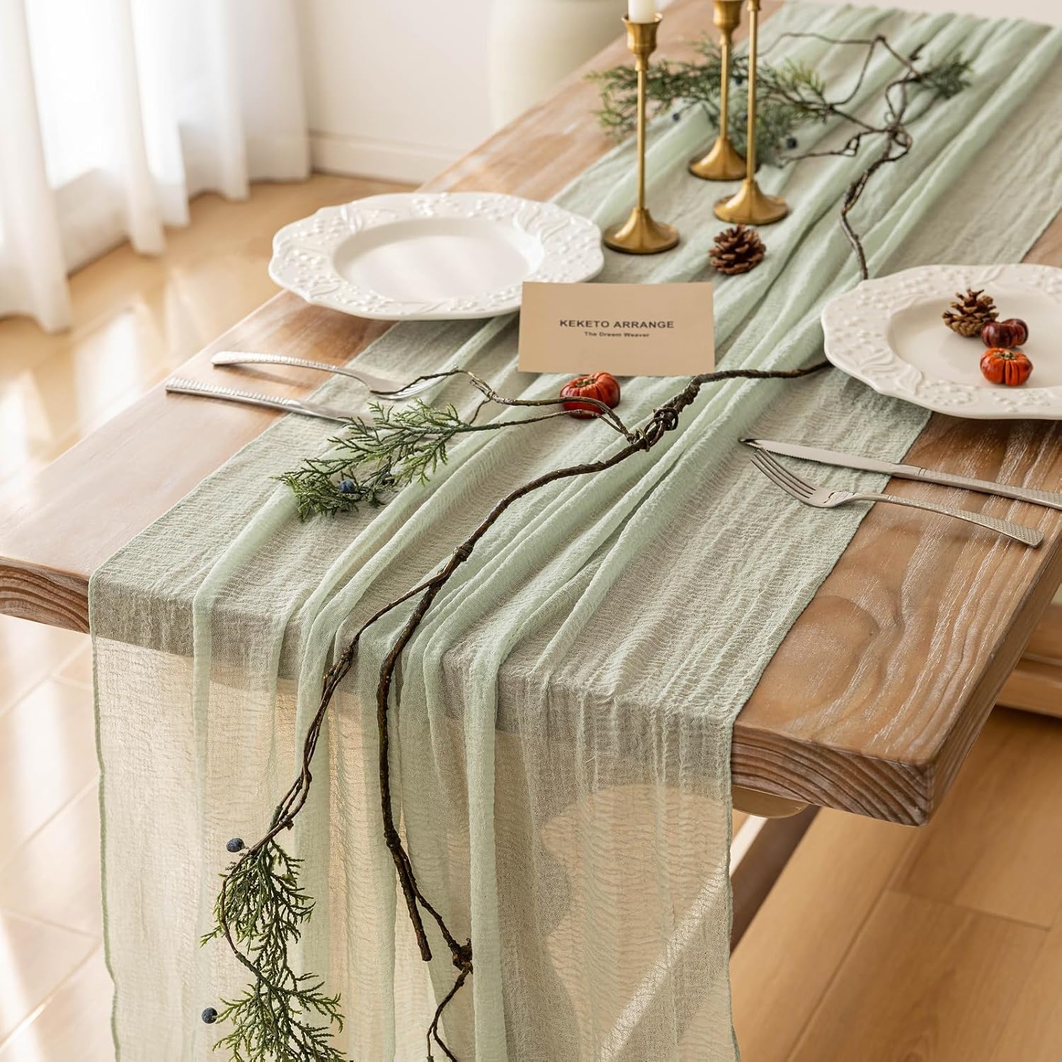 Sage Green Cheesecloth Table Runner 120 Inches for Party Home Decor | Ideal for wedding baby shower bridal shower birthday engagement party,or adding rustic boho charm to daily home.
