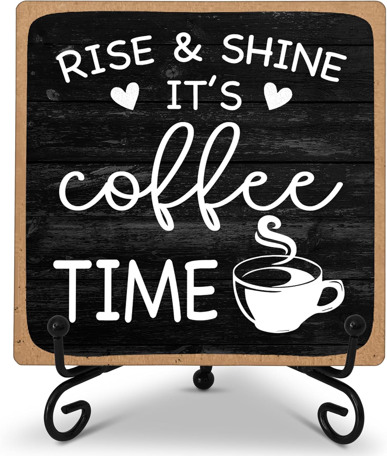 Farmhouse Coffee Bar Sign, Rise & Shine It’s Coffee Time | 5″x5″ Wood Plaque with Stand Gift for Home Kitchen Tabletop Decor | B09
