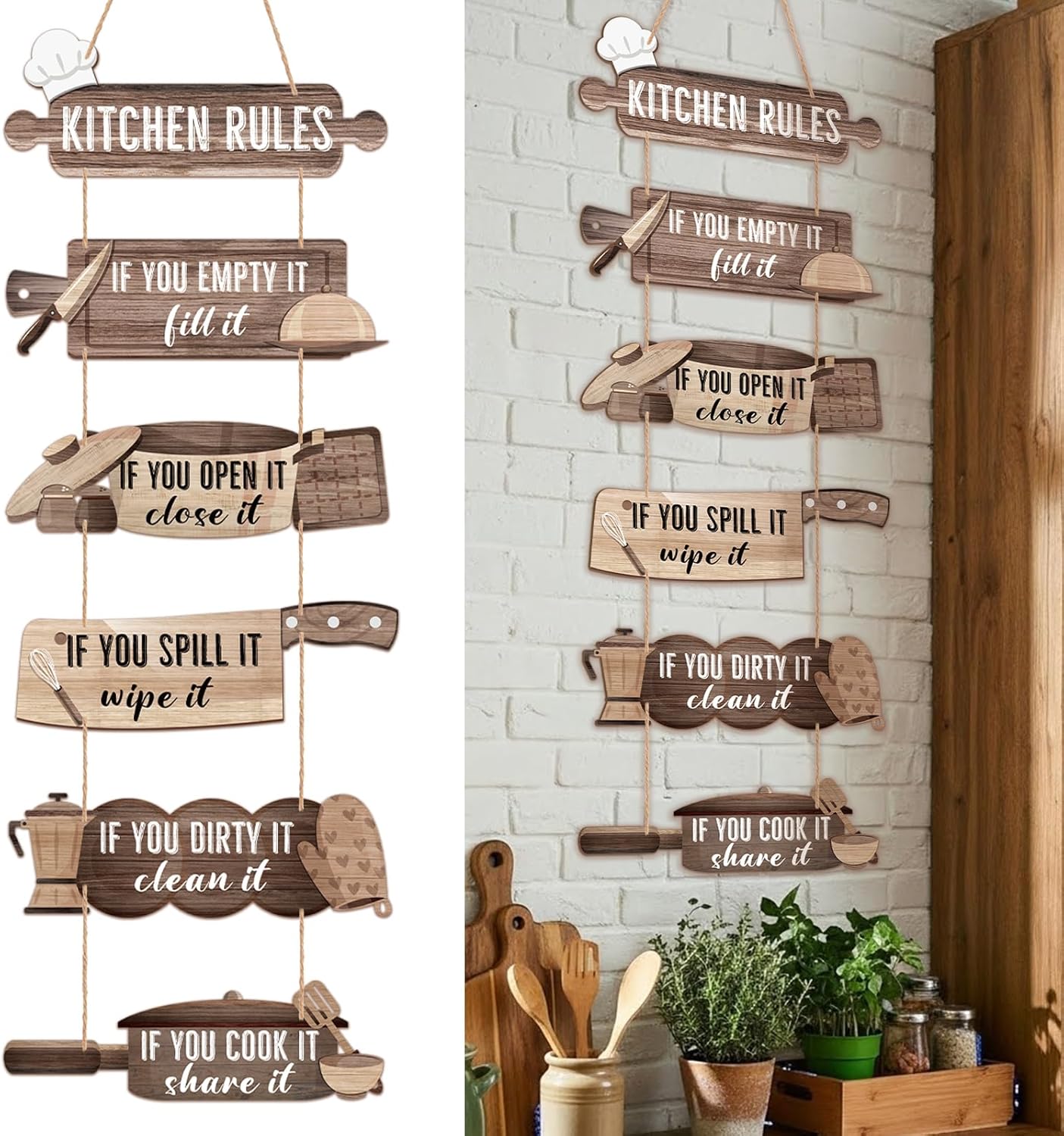 Chunful 6 Pack Kitchen Rules Signs and Decor, Rustic Wooden Hanging Kitchen Signs Wall Decor Funny Art Sign for Farmhouse Home Hotel Housewarming Gifts