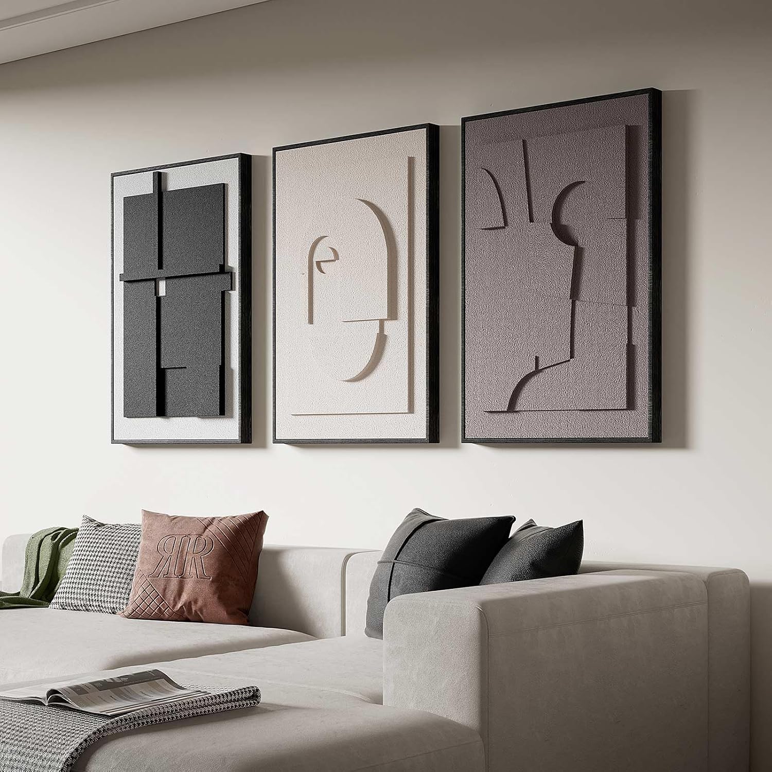 Large 3D Textured Framed Wall Art for Living Room, 3pcs Abstract Geometric Relief Artwork for Walls, Modern Neutral Black Beige Sandstone Plaster Pictures for Entryway Foyer Home Decor, 24×36 Inch