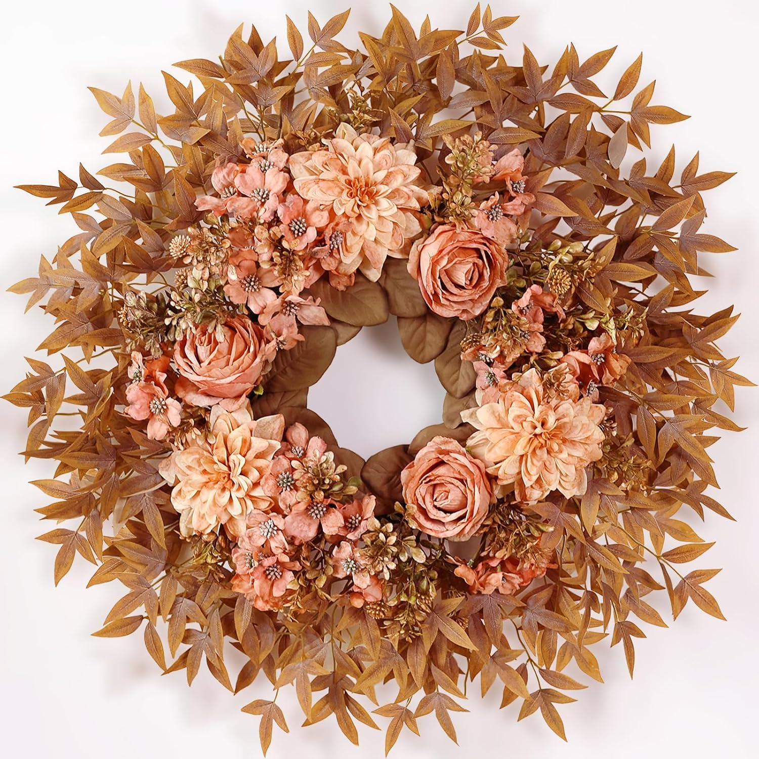 26″ Fake Autumn Flower Wreath, Faux Dahlia Rose Maple Leaves(Fall Orange) | Artificial Full Wreath, Realistic Silk Flowers, for Front Door/Porch/Window/Farmhouse/Wall/Outdoor/Home Decor