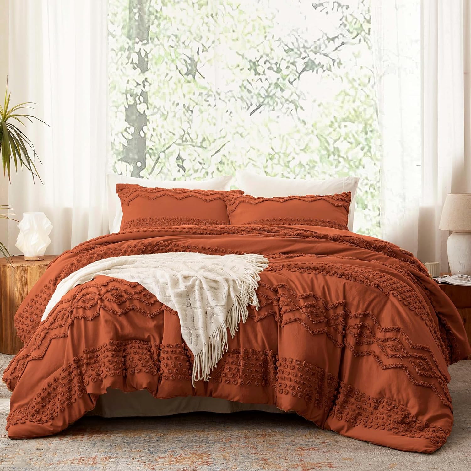 Luxudecor Terracotta Boho Tufted Comforter Set Queen Size 3 Pieces Boho Shabby Chic Comforter Farmhouse Embroidery Bedding Set Soft Comforter for All Seasons (Terracotta, 90”x90”)