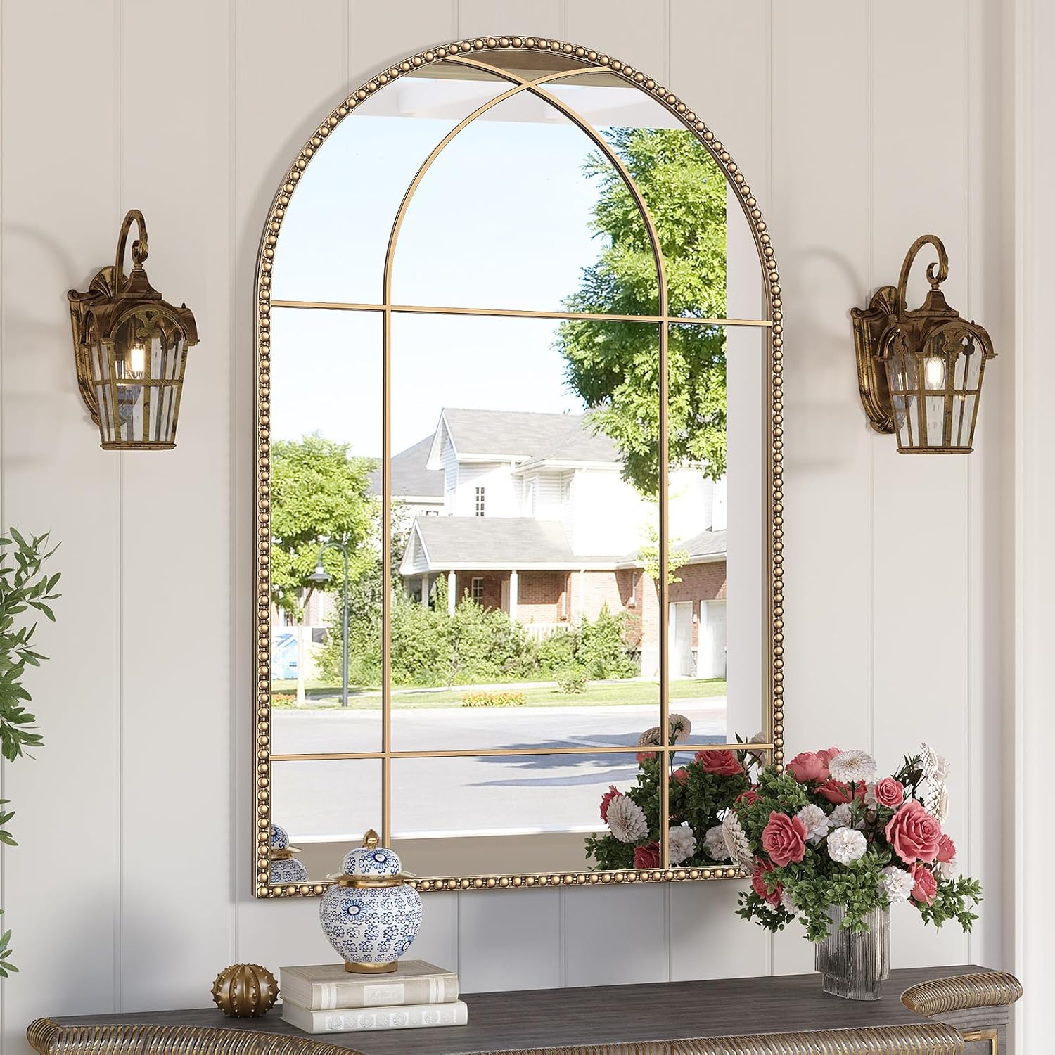 Gold Arched Window Beaded Mirror, 24″ x 36″ Arched Champagne Bronze Brass Mirror with Metal Frame, Vintage Antique Mirrors, Decorative Wall Mirror for Living Room, Bedroom, Entryway