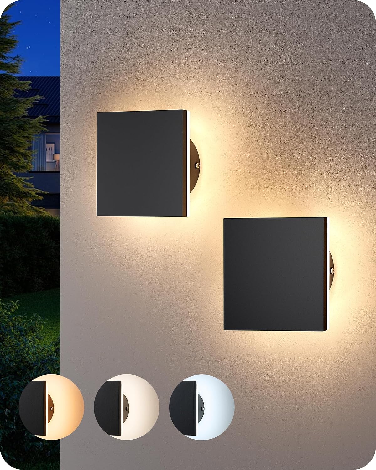 EDISHINE 2 Pack LED Outdoor Wall Light, Small Square Modern Exterior Light | Outdoor/Indoor, Black 3000K-5000K Dimmable, 3CCT, 360° Backlit, IP65 Waterproof, Aluminum Wall Sconce for Patio, Entryway