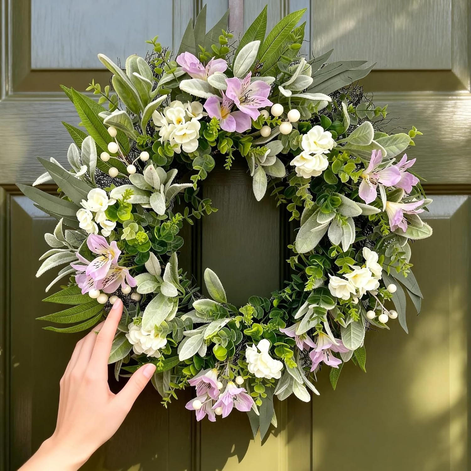 24 Inch Pastel Purple & White Eucalyptus Wreath, with Berries and Boxwood, Year Round Elegant Farmhouse Floral Wreath for Front Door, Timeless Indoor Wall Decor, Weatherproof Outdoor Porch Decor