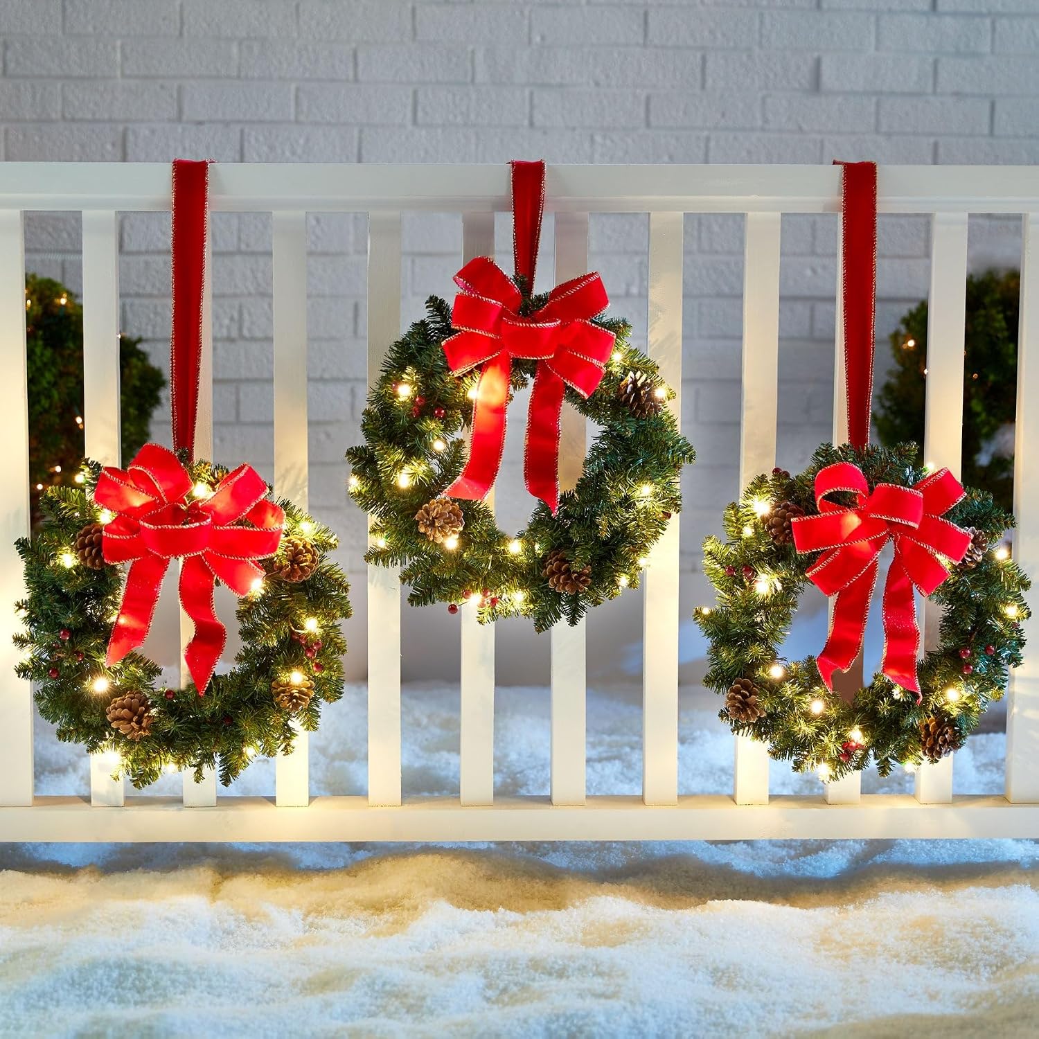 BrylaneHome Set of 3 Cordless Pre-Lit Mini Christmas Wreaths – Red