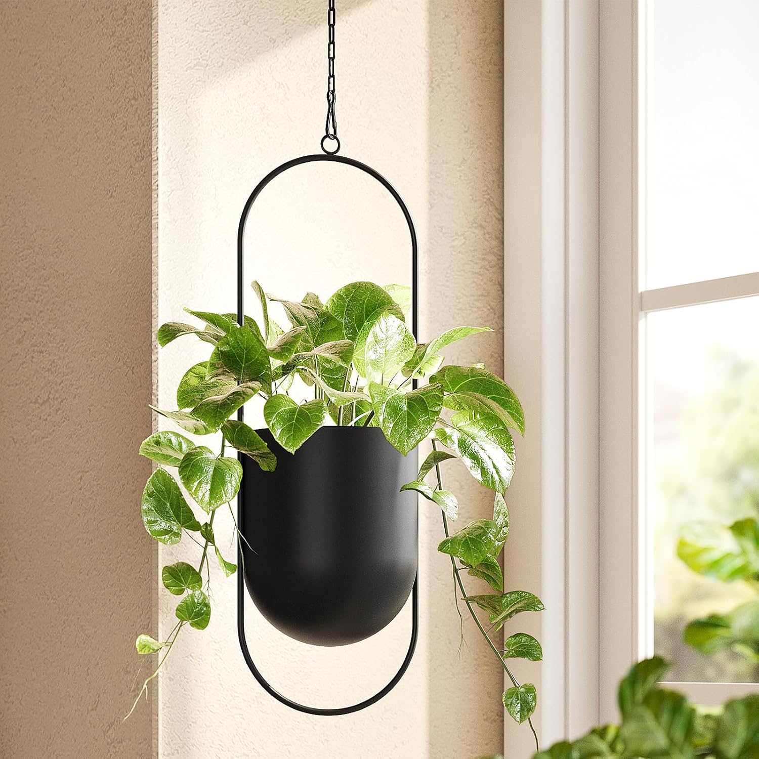 Bamworld Black Hanging Planters for Indoor Outdoor Plants Metal Hanging Pots for Plants 5.5 Inch Modern Hanging Baskets Window Plant Hanger Ceiling Hanging Flower Pots with Chain for Wall Decor