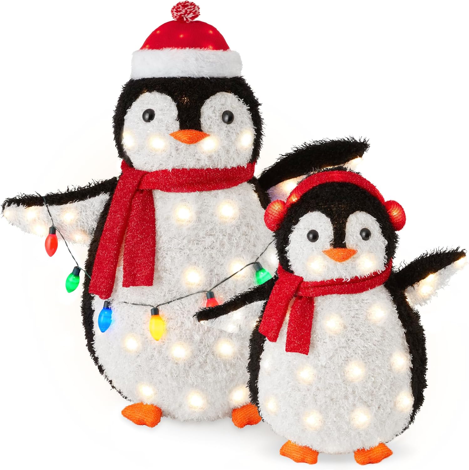 Best Choice Products 2-Piece Lighted Penguin Family, 3ft Pop-Up Outdoor Christmas Holiday Decoration w/ 150 LED Lights, Multicolored Lights – Red