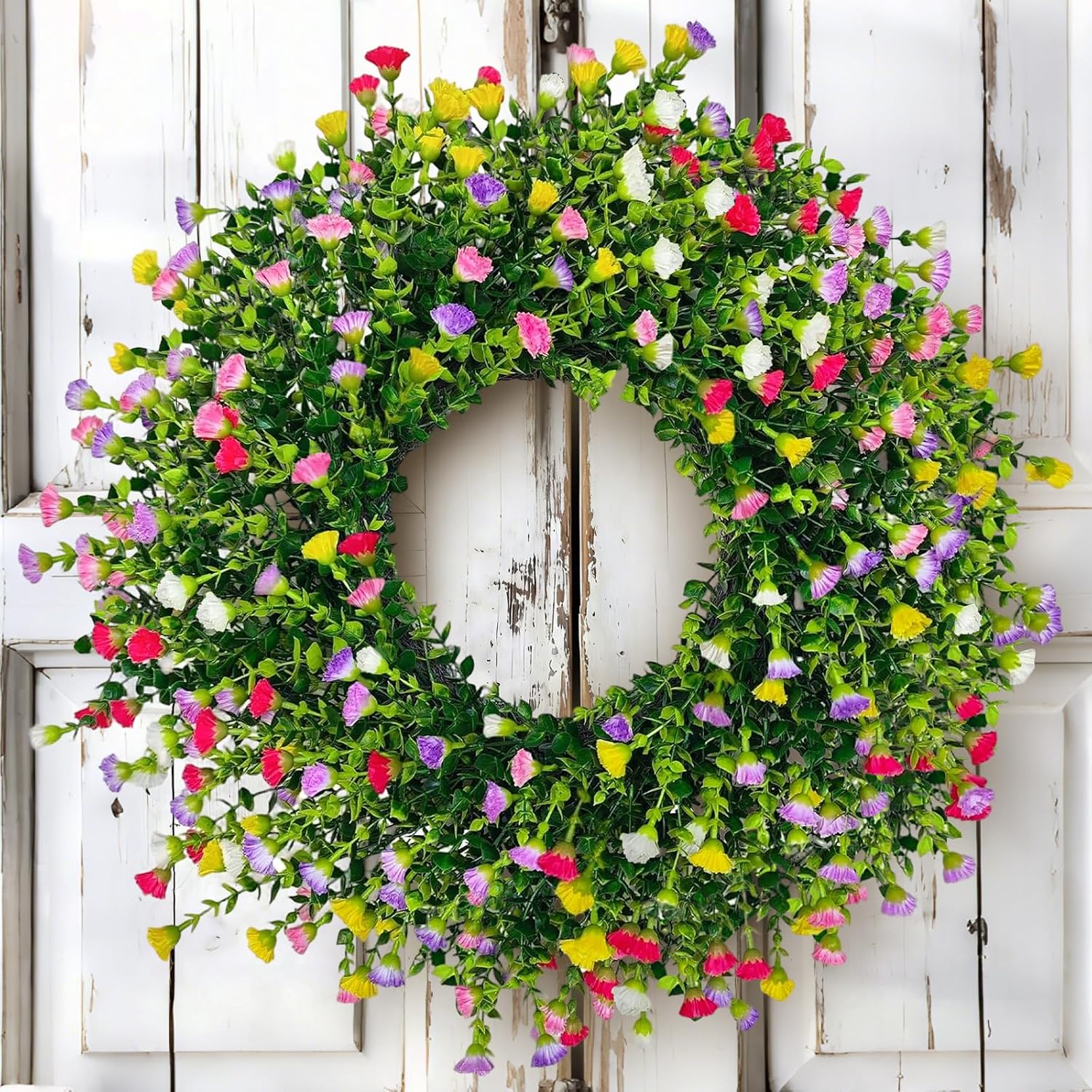 Spring Summer Wreaths for Front Door, 22 Inch Large Farmhouse Colorful Cottage Wreath, Extra-Full 378 Silk Artificial Carnation Floral Wreath, Blossom & Greenery Hanging for Porch, Home Decorations