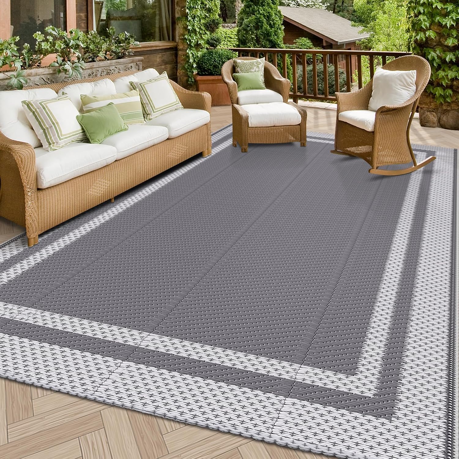 HappyTrends Outdoor Rug Portable Plastic Straw Camping Rugs for Outside RV | Large Reversible Waterproof Outdoor Area Rugs for Patio,Deck,Porch,Balcony(5’x 8′,White&Gray)