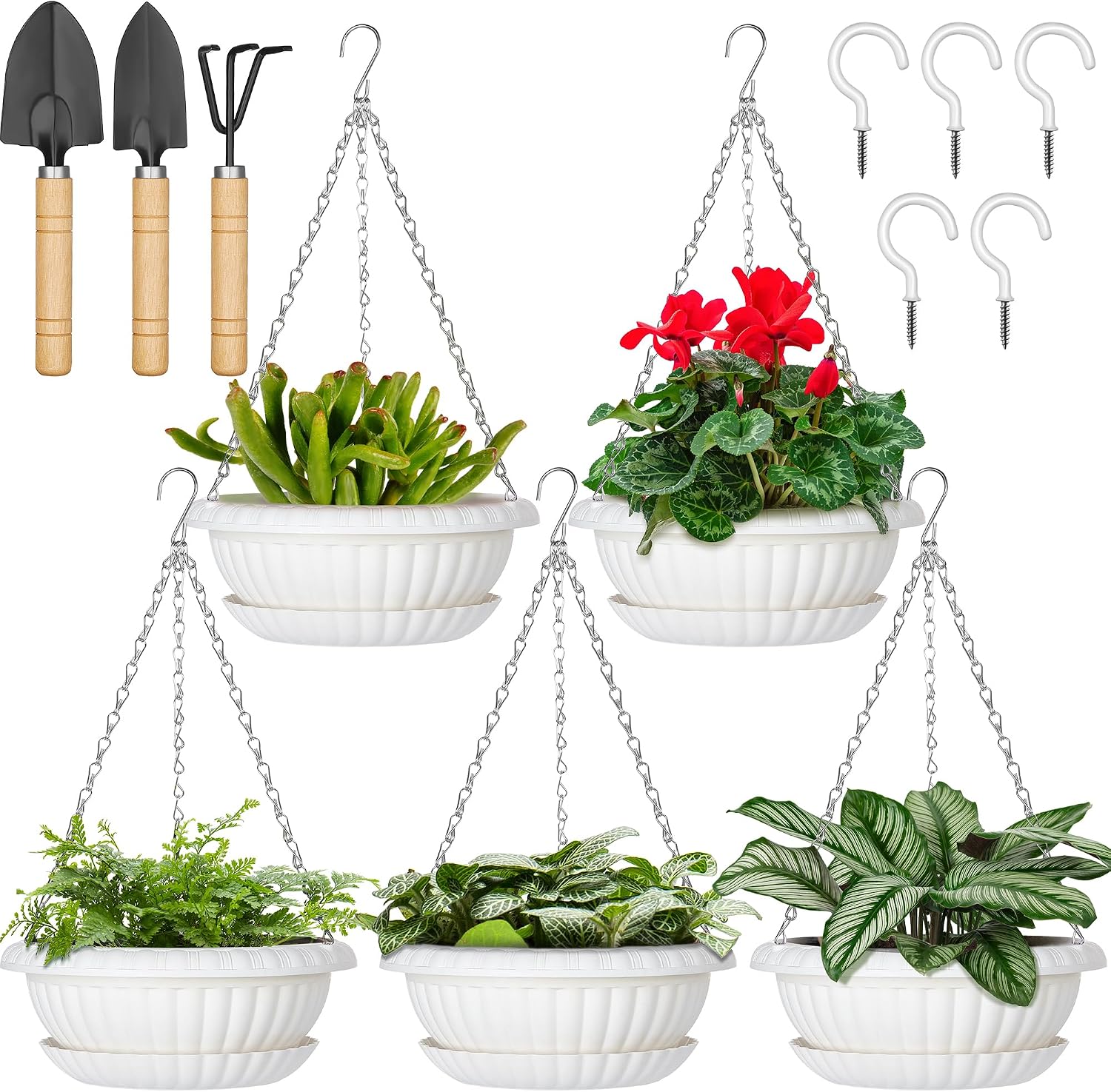 Hanging Planters, 5 Pcs 11″ Hanging Pots, White Hanging Flower Pots, Hanging Plant Pots Baskets for Plants with Drainage Trays, Hanging Chains and Ceiling Hooks, Come with Free Garden Tools Set