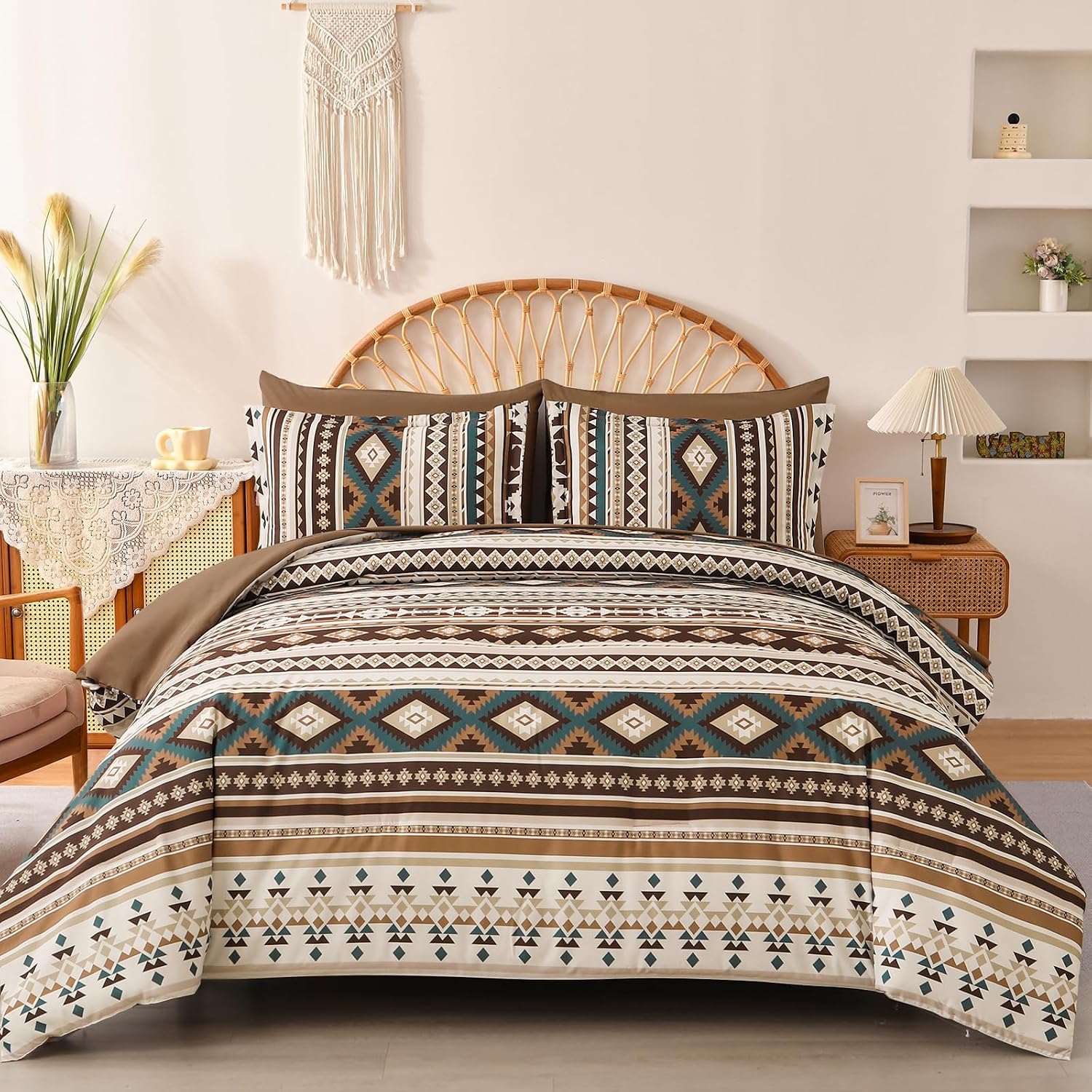 Dinjoy Brown Boho Comforter Set Queen Size,7 Pieces Bed in a Bag Queen Coffee Aztec Bedding Sets with Sheets Bohemian Geometric Striped Complete Set for All Season 90″x90″
