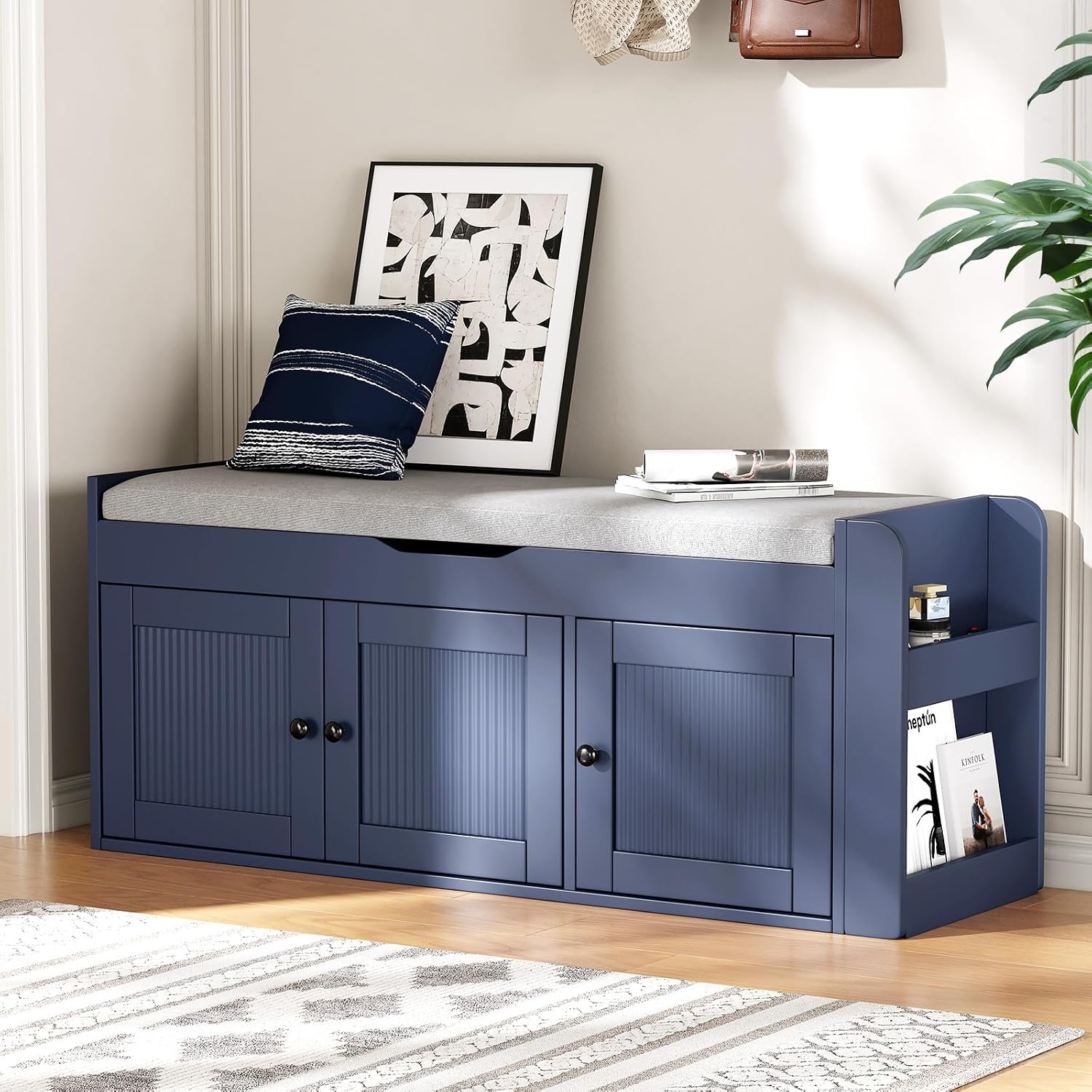 42.6″ Storage Bench – Shoe Storage Bench with Side Storage Shelves and 3 Doors, Multifunctional Entryway Bench with Lift Top Cushion, Shoe Bench for Bedroom, Living Room, Entryway, Navy Blue