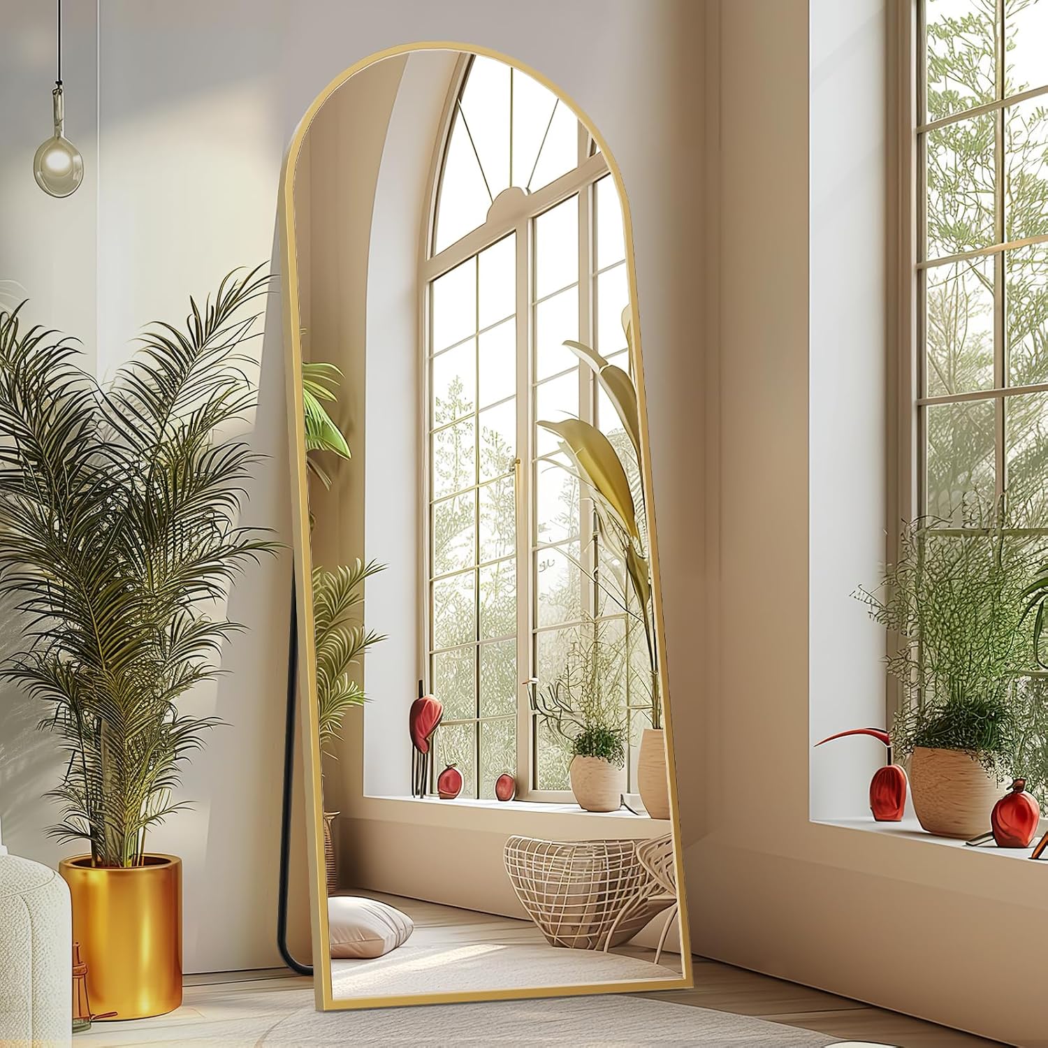 Sweetcrispy 64″x21″ Arched Full Length Mirror, Full Body Mirror, Gold | Aluminum Alloy Thin Frame, Floor or Standing, Suitable for Bedroom, Living Room, Cloakroom