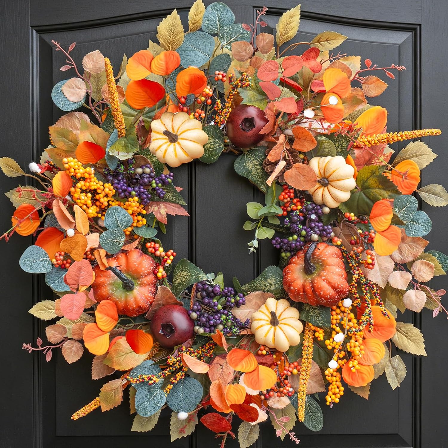 Fall Wreaths for Front Door 24 Inch Autumn Rustic Farmhouse Harvest Wreath | Fall Door Wreath with Pumpkins,Pomegranate Berries & Leaves for Outdoor&Indoor Handmade Wreath for Thanksgiving Home Decor