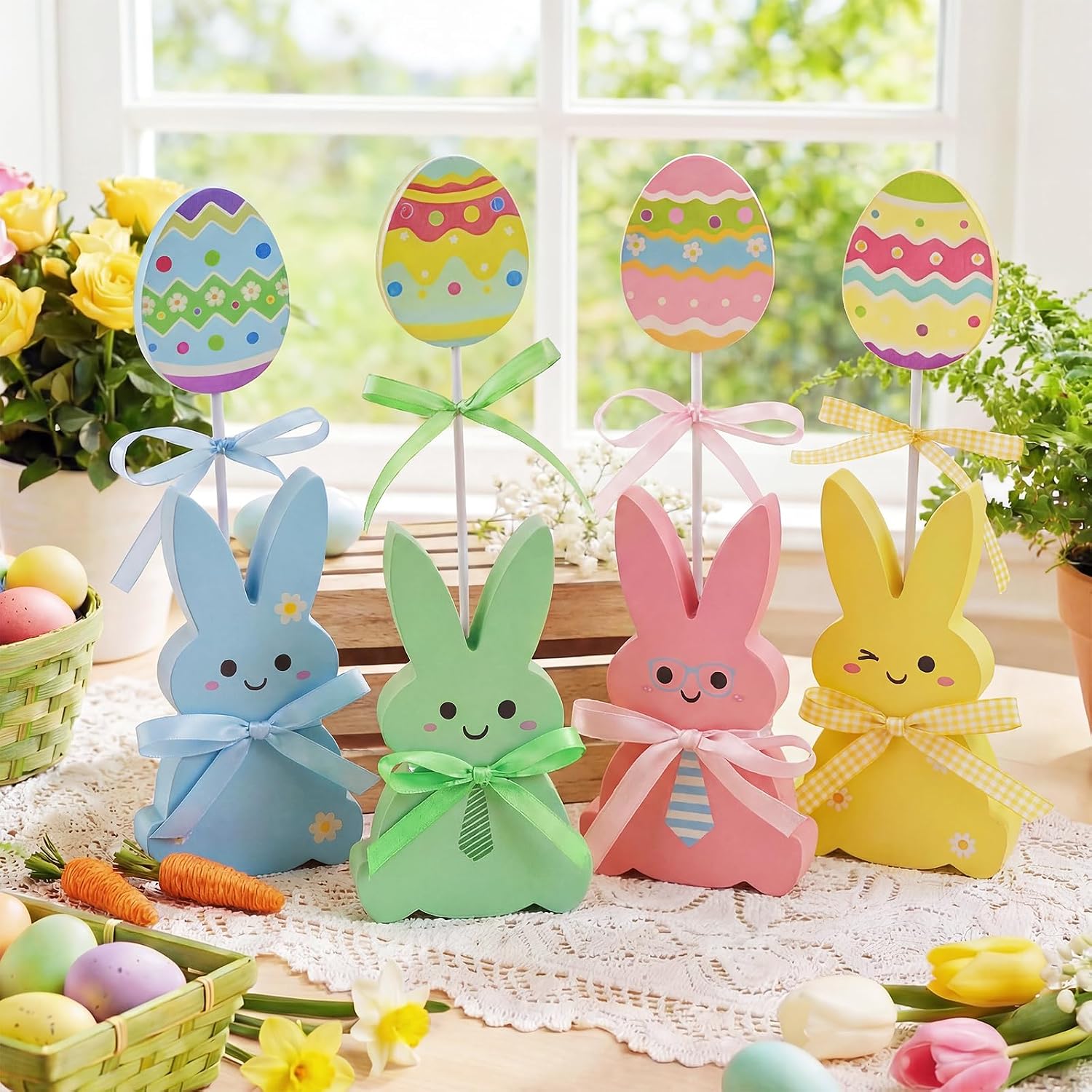 Easter Decorations, 8 PCS Wooden Bunny & Egg Peeps Signs with Hemp Rope Ribbon for Mantel Table Shelf Tiered Tray, Easter/Spring Decorations for Home