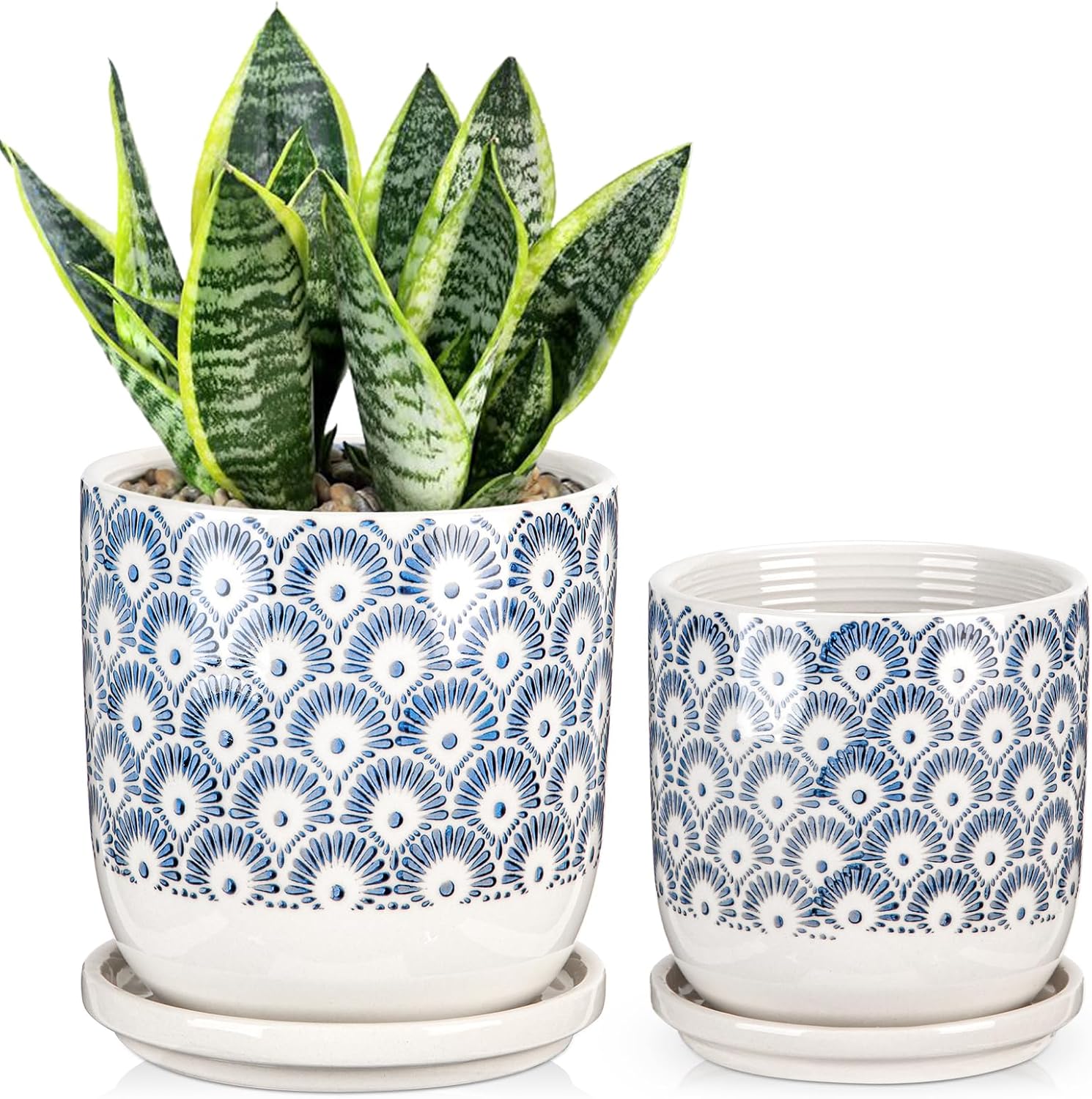 Ceramic Planter Pots for Indoor Outdoor, 5+6 inch Round Flower Pots with Drainage Hole and Tray, Blue and White Plant Pots for Succulent Orchid Flower, Gardening Home Desktop Office Use(Set of 2)