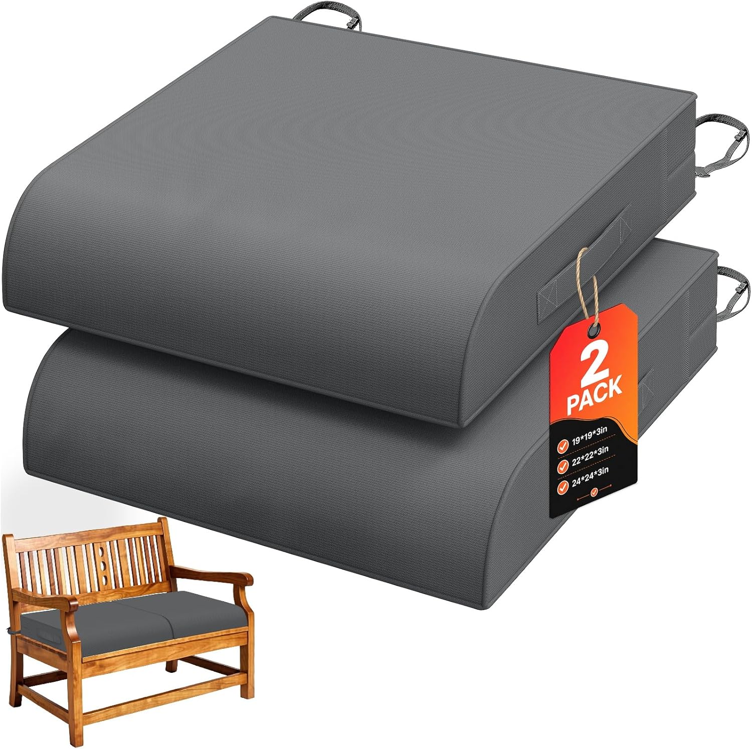 TasticTotes 19 x 19 x 3 Inch Patio Chair Cushions – Set of 2, Waterproof Outdoor Seat Cushions with Adjustable Straps and Handles, Fade-Resistant Chair Pads for Outdoor Furniture, Garden, Beach, Grey