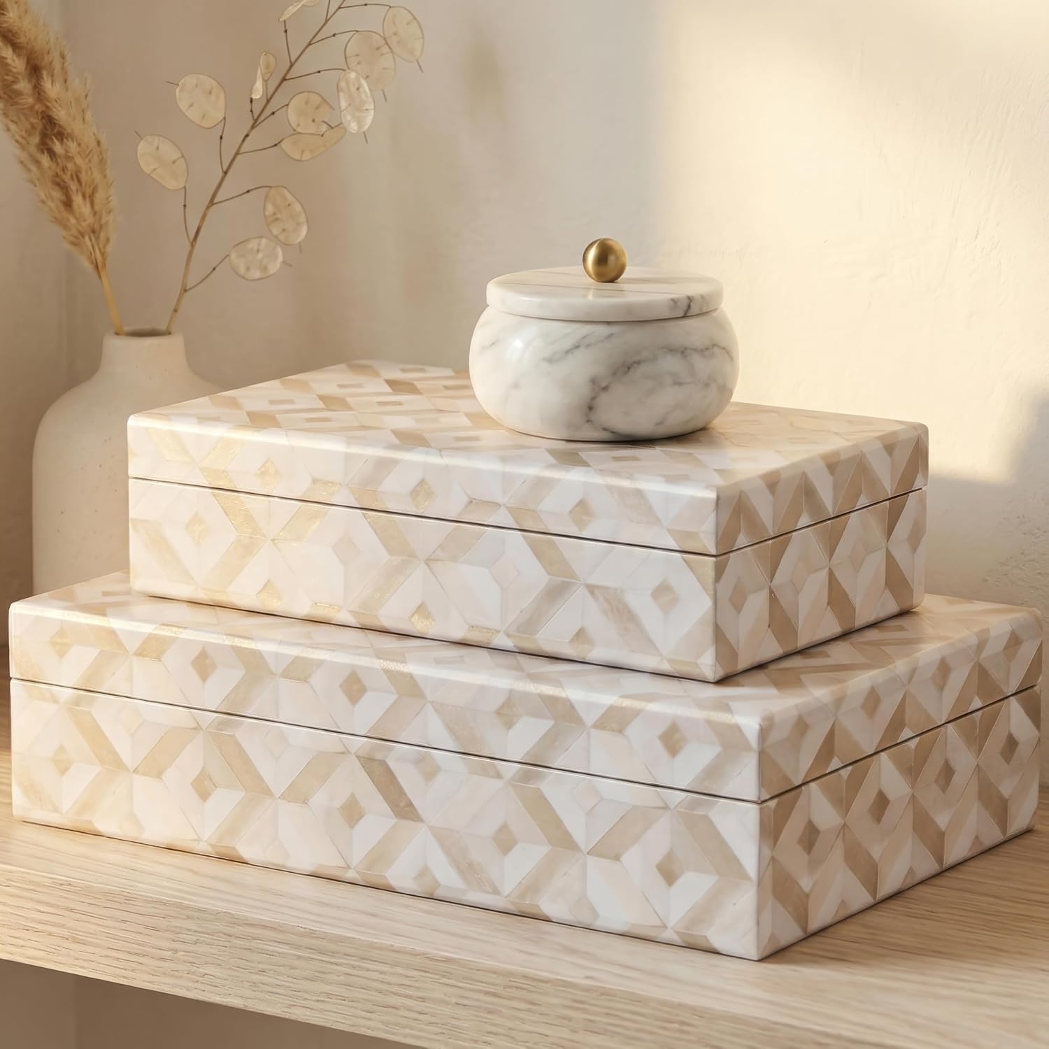 ZICOTO Decorative Storage Boxes with Lids – Set of 2 Beautiful Organizer Bins for Your Bookshelf Home Decor – Safely Store Photos, Documents and Memory Box Keepsakes on Your Shelves in Style