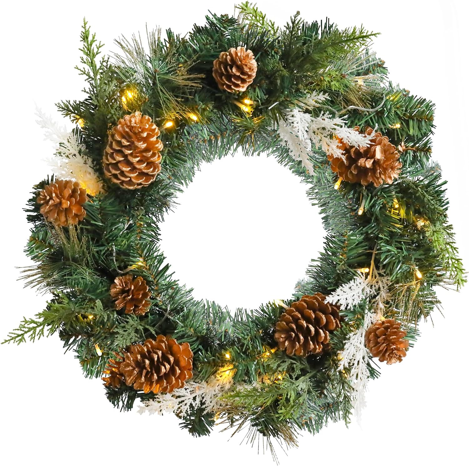 Christmas Wreaths for Front Door, Pre-Lit Artificial Christmas Wreath with LED Lights and Pine Cones Christmas Decorations for Front Door Indoor Window Wall Décor, 20 inch