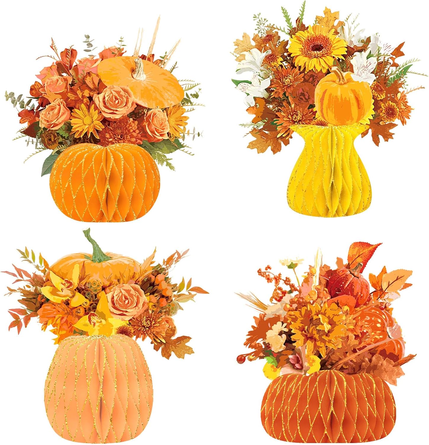 NICROHOME EUR Fall Decoration, 4PCS Vase-Shape Honeycomb Table Centerpiece | Brown orange paper honeycomb vase with artificial flowers pumpkin card, Table Decor for Thanksgiving Halloween autumn home