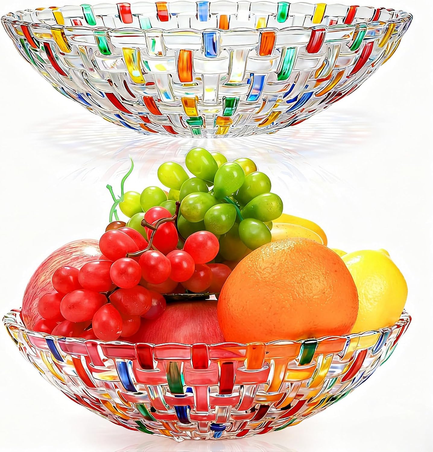 Tlence 2 Pack Colorful Crystal Glass Fruit Bowl for Kitchen Counter, 10″ Hand Painted Woven Art Decorative Bowl, Centerpiece Display Serving Bowl Candy Dish for Salad Dessert, Home Decor