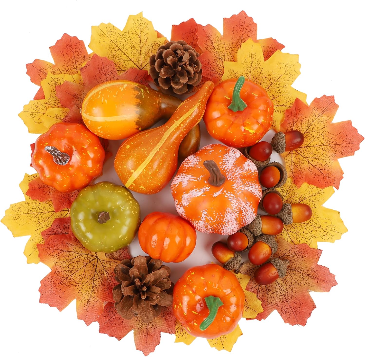 winemana Fall Decorations for Home Mini Pumpkins Gourds & Leaves Set | Thanksgiving Autumn Harvest Table Centerpieces, Cornucopia Basket Bowl Filler, Largest Pumpkin: 4.5″ x 2.1″