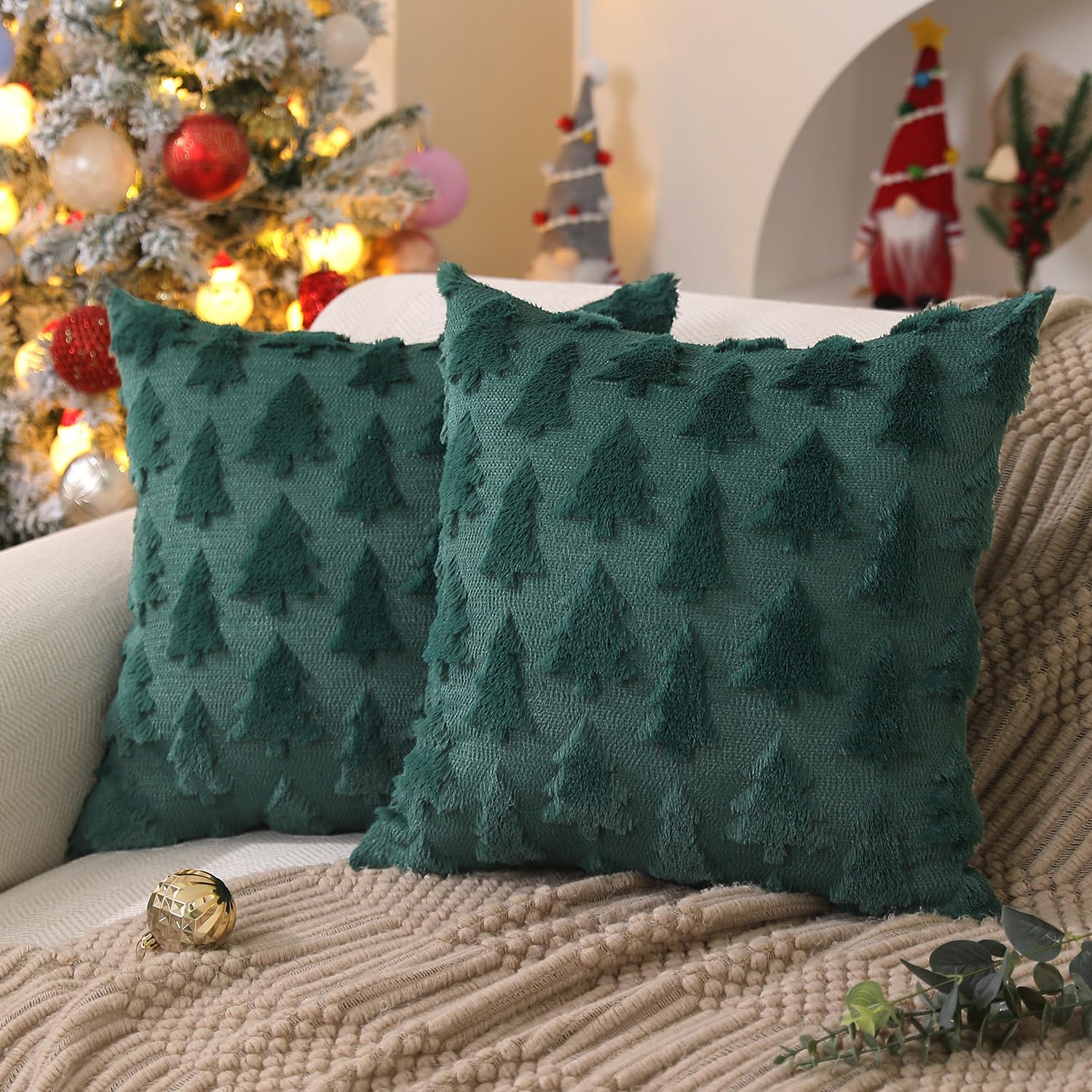 DFXSZ Christmas Tree Pillow Covers 18×18 inch Set of 2 Christmas Decoration Green Soft Plush Faux Fur Jacquard Throw Pillows for Bedroom Sofa Holiday Festivals Winter Home Decor PTK006A18
