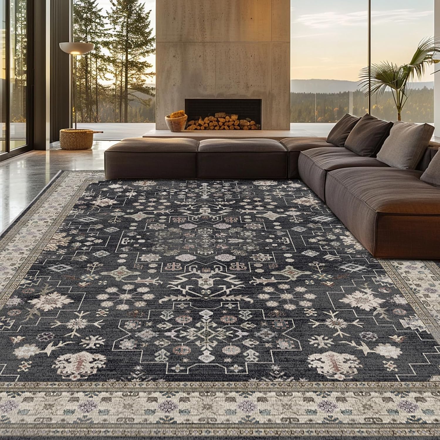 8×10 Washable Area Rugs for Living Room, Non-Slip Stain Resistant Soft Vintage Extra Large Area Rug, Low Pile Indoor Boho Rug for Bedroom Dining Room Farmhouse (Charcoal Blush Ivory)