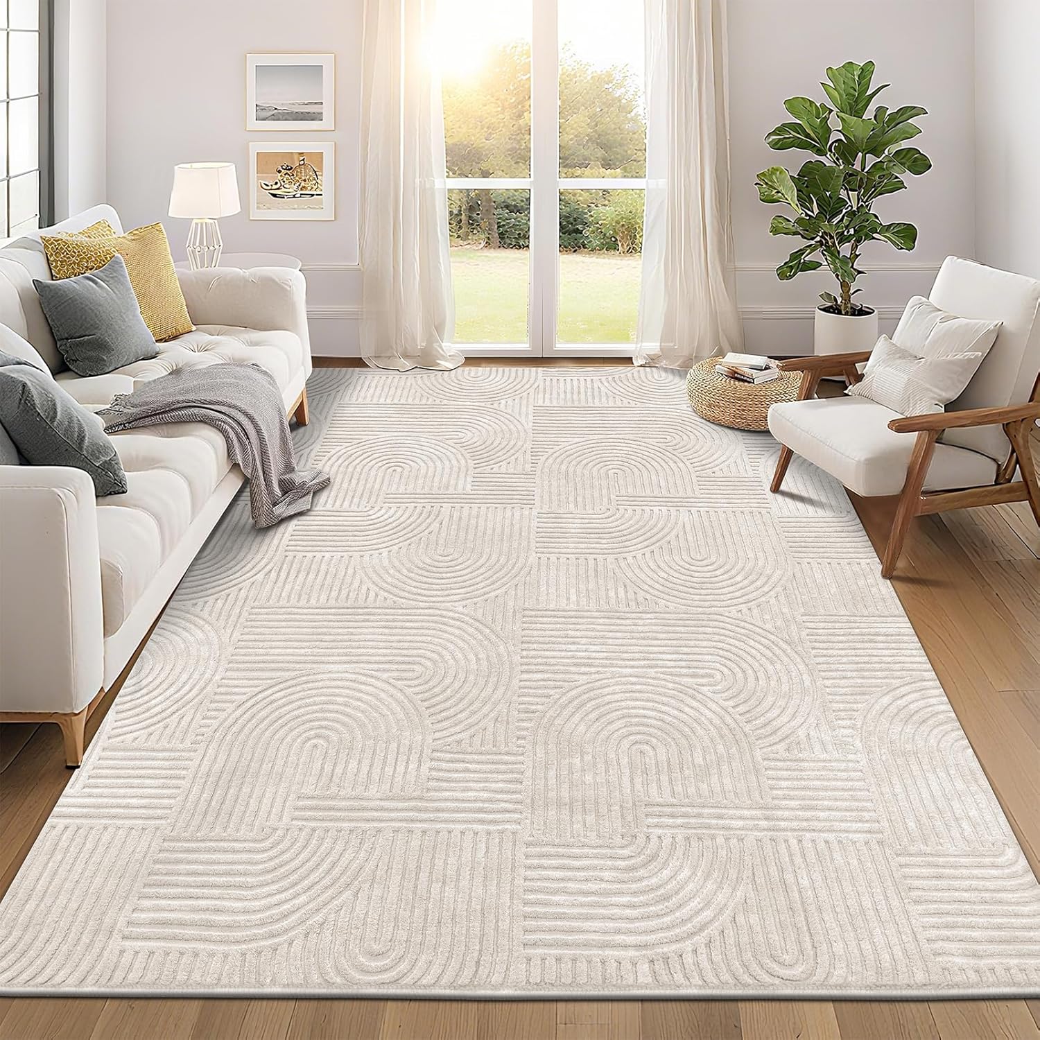 Pauwer 8×10 Area Rugs for Living Room, Modern Non Slip Washable Rug, Beige | Arch Pattern, Soft Fluffy, Neutral, Boho Accent, Solid Color Floor Carpet, For Kids Room Dining Room Nursery Entryway