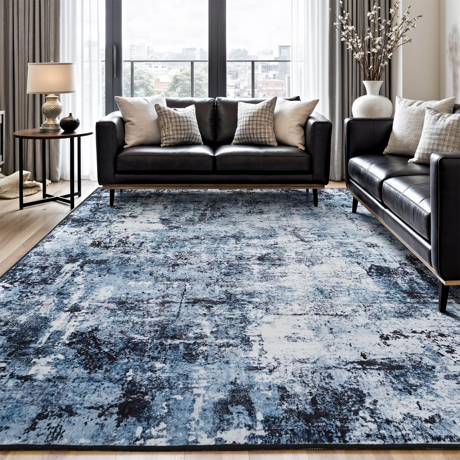 Rugflix 8×10 Area Rugs for Living Room, Washable Navy Blue Dark Large Rug | Machine Washable; Stain-resistant; Low Pile; Non-slip; Modern Abstract; Black Carpet for Bedroom Dining Office Nursery Home