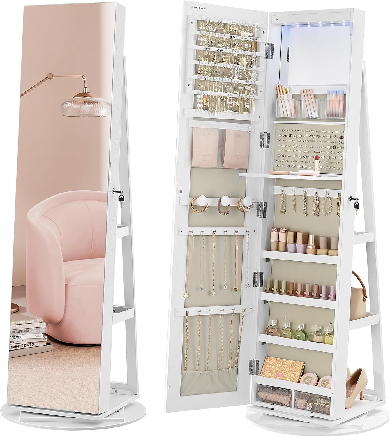 SONGMICS 6 LEDs Lockable Mirror Jewelry Cabinet, 360° Swivel Jewelry Organizer Armoire Standing, Frameless Full-Length Mirror, 3 Storage Shelves, White Surface, Greige Lining UJJC007W02V1
