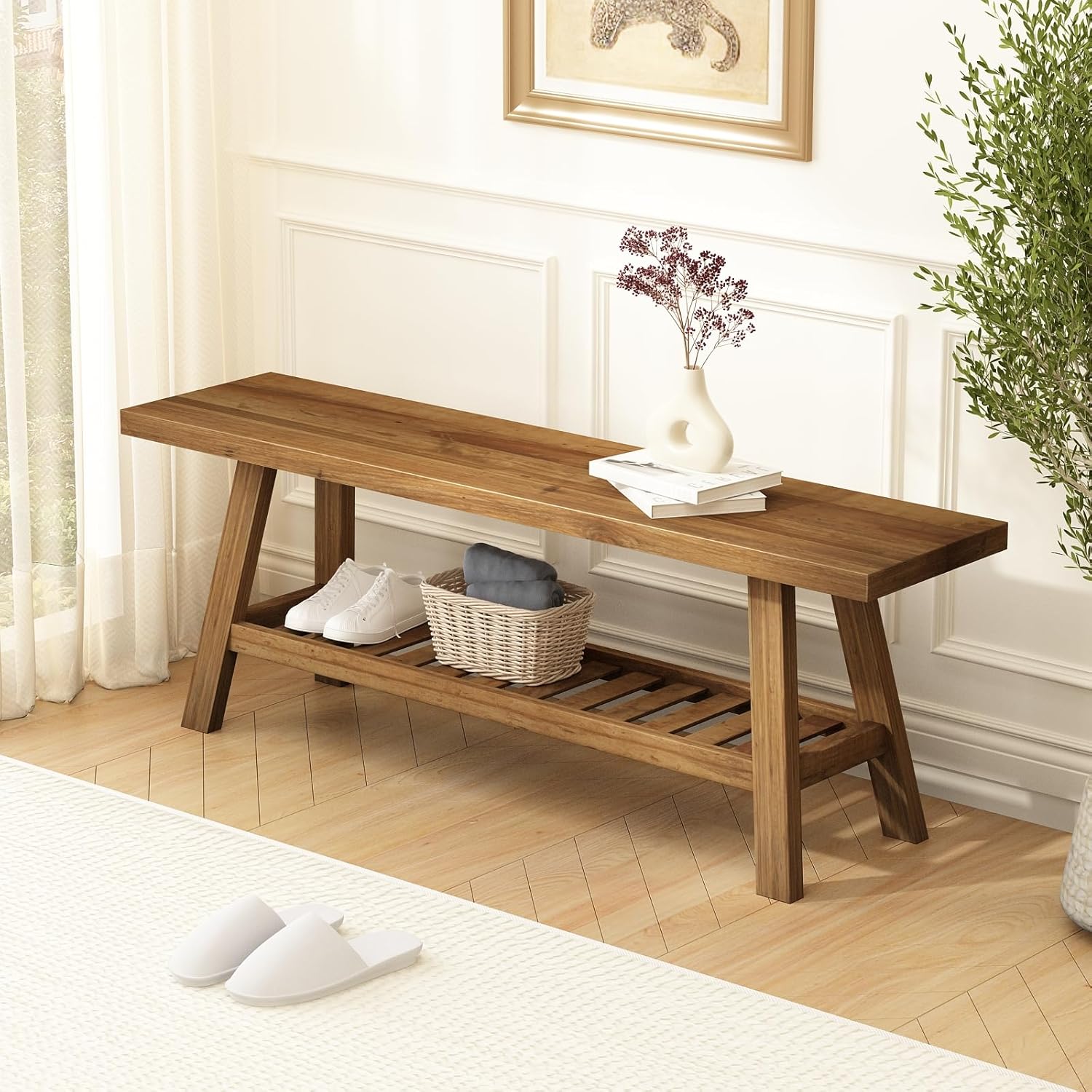 HOKYHOKY Reclaimed Solid Wood Bench-43.3″ Entryway Bench with Storage Shelf | Farmhouse Narrow Rustic Bench, Hallway, Kitchen, Bedroom, Dining, Indoor