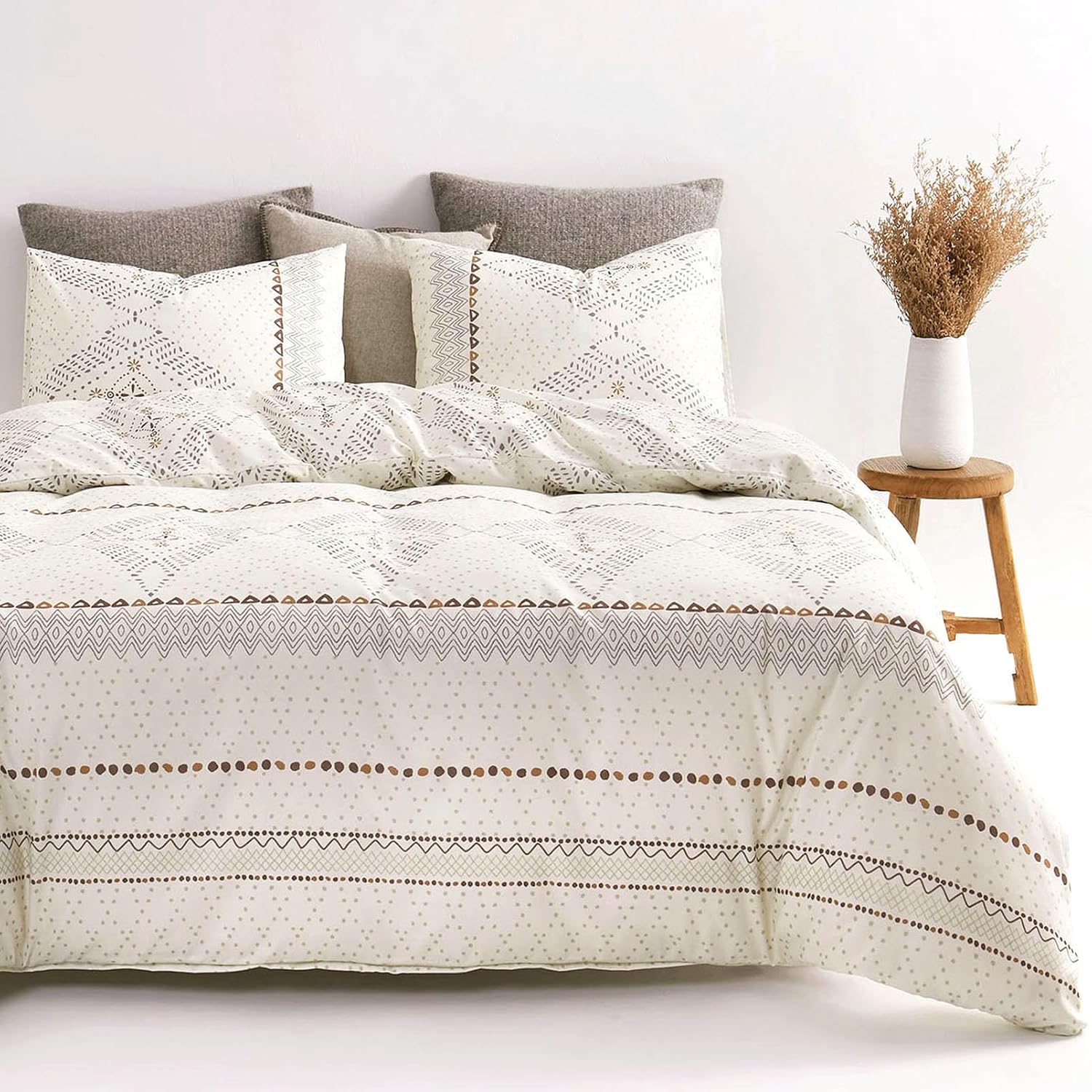Wake In Cloud – Boho Comforter Set, Farmhouse Bohemian Western Aztec Neutral Aesthetic, Soft Lightweight Bedding, 3 Pieces, Beige, Queen Size