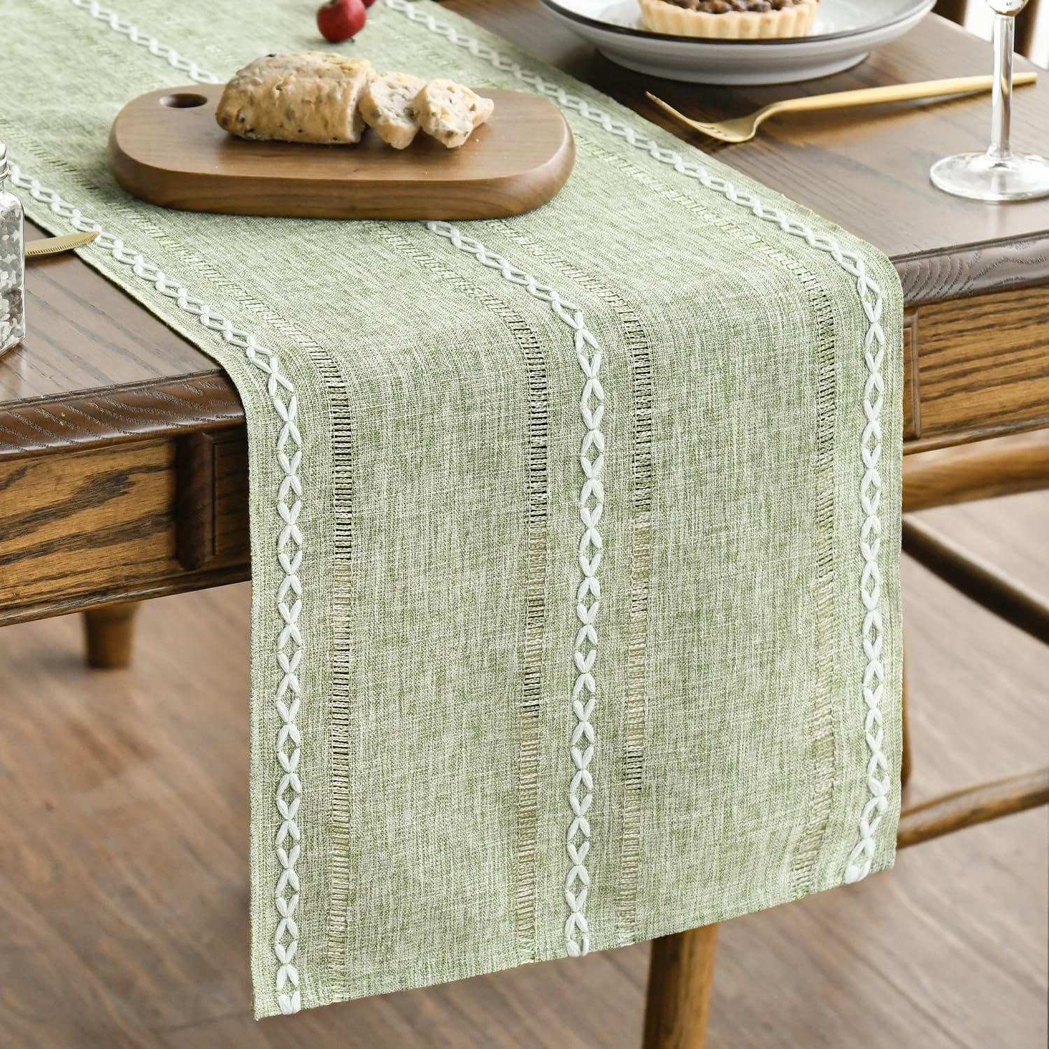 Artoid Mode Sage Green Rustic Cotton Linen Table Runner, Seasonal Embroidered Hollow Kitchen Dining Table Decoration for Home Party Decor 13×72 Inch