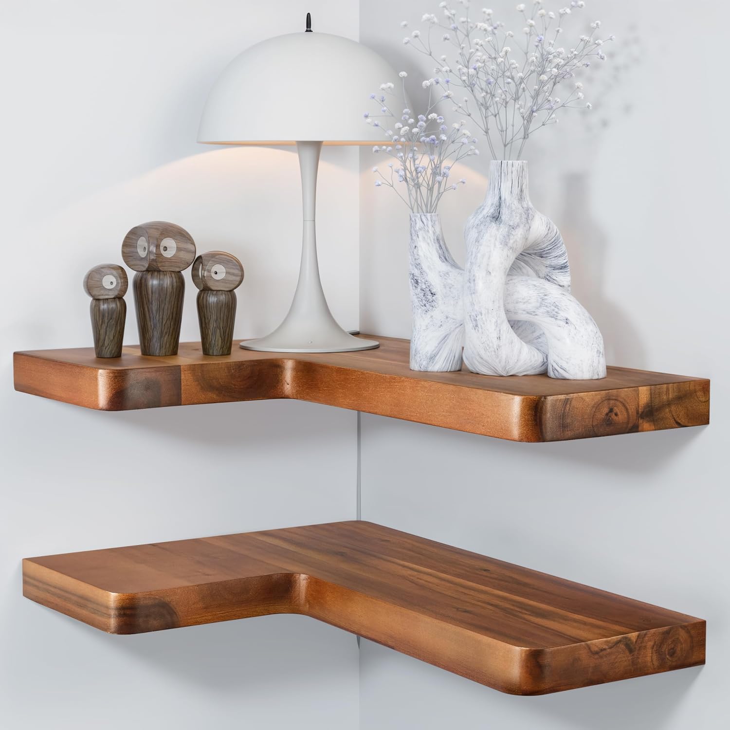 BATODA Acacia Wood Corner Floating Shelves 17″ x 12″– Corner Shelf Wall Mounted – Floating Book Shelves for Wall – Brackets and Shelving Hardware Included for Kitchen, Living Room, Bathroom (Set 2)