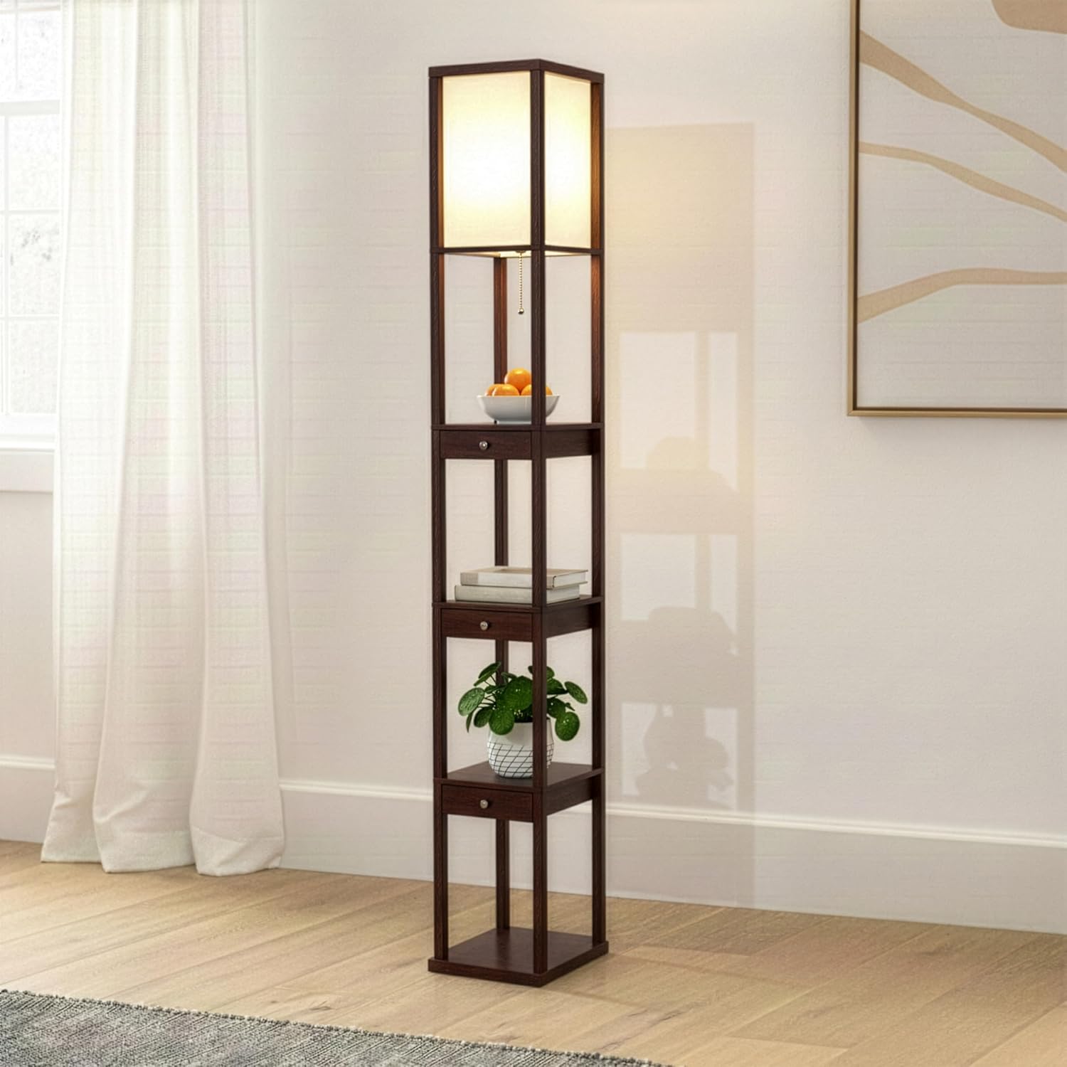 Brightech Maxwell Drawer Edition – Modern Shelf Floor Lamp with Drawer – Corner Display Floor Lamps with Shelves for Living Room, Bedroom and Office – Havana Brown
