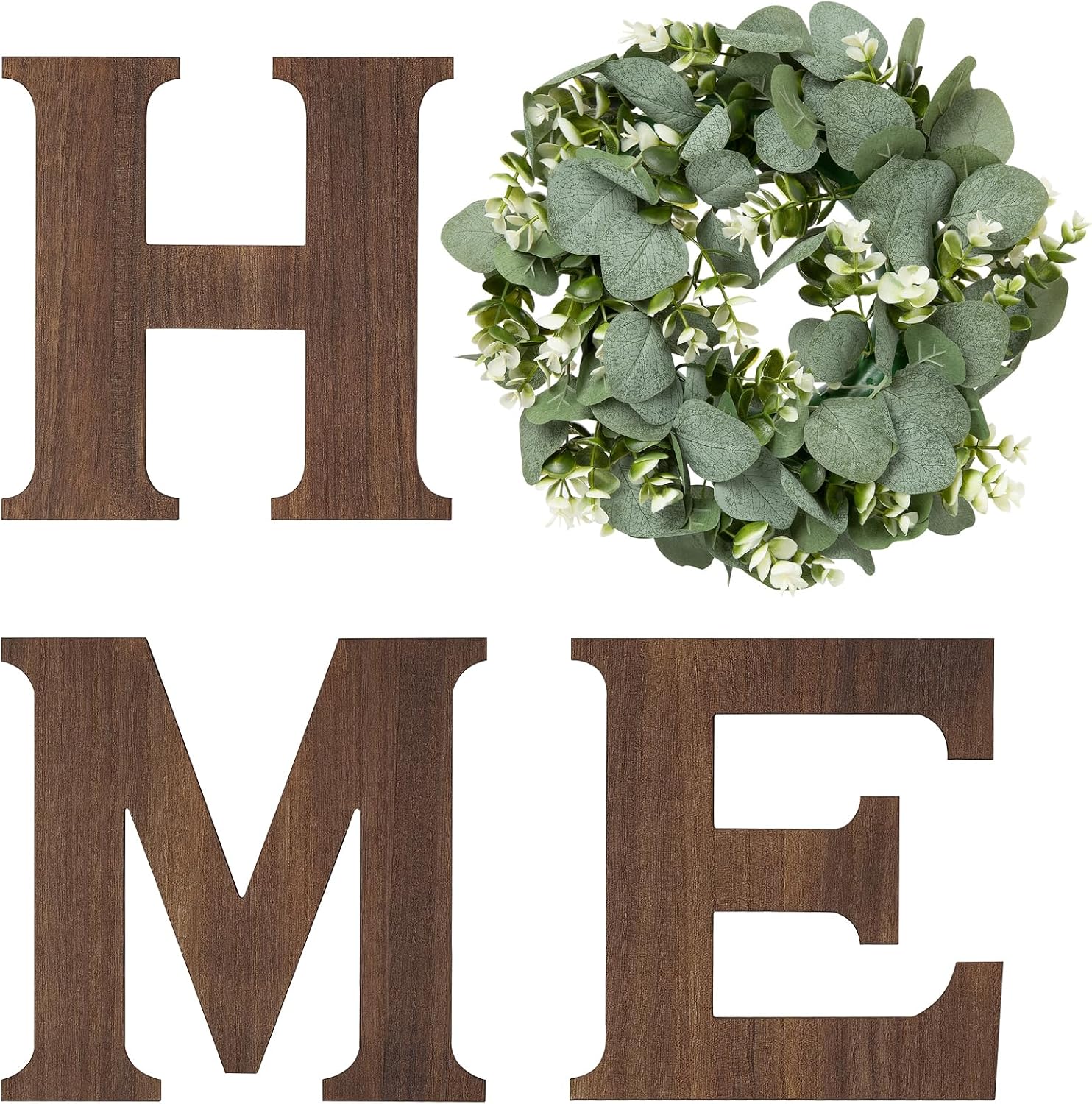Mkono Home Sign Wall Decor, Farmhouse Wood Letters Eucalyptus for O, Brown | Rustic Wood Artificial Eucalyptus, Hanging Home Sign Wall Art, Housewarming Gift, Kitchen Living Room Entryway Apartment