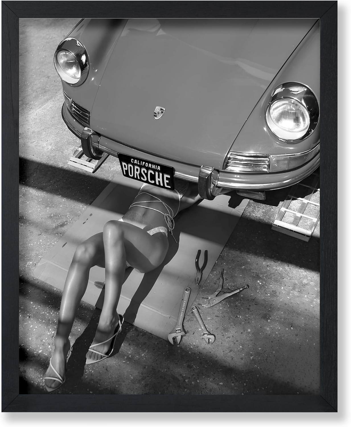 Poster Master Woman Classic Car Poster – Sexy Mechanic Print – Girly Car Enthusiast Art – Black and White Photography – Great Garage or Bedroom Decor – 8×10 UNFRAMED Wall Decor