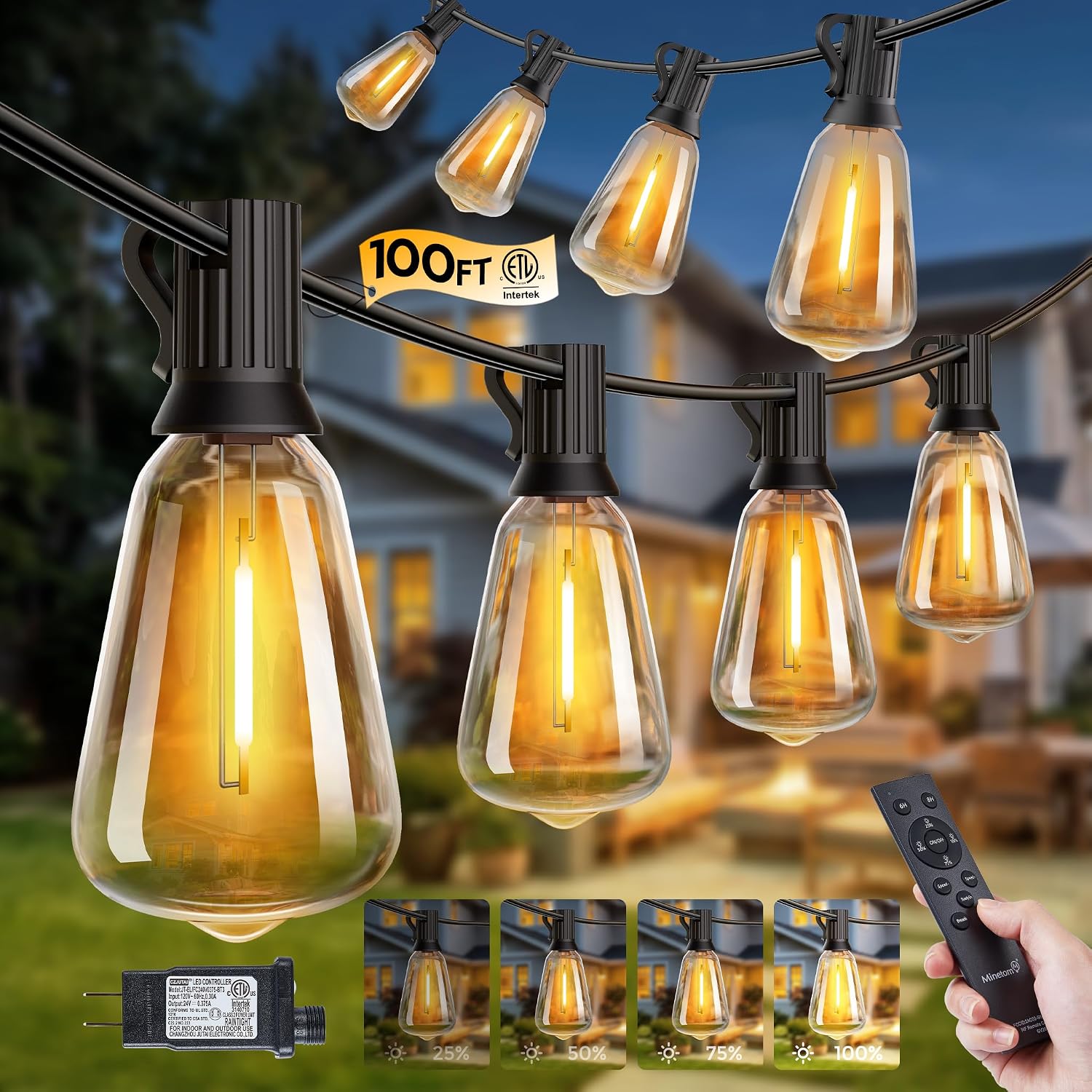 Minetom 100FT Outdoor String Lights with Remote, ST38 Patio Lights Dimmable | Waterproof LED Christmas Lights with 3 Modes, Shatterproof Connectable Outside Lights for Backyard Porch Deck Garden Decor