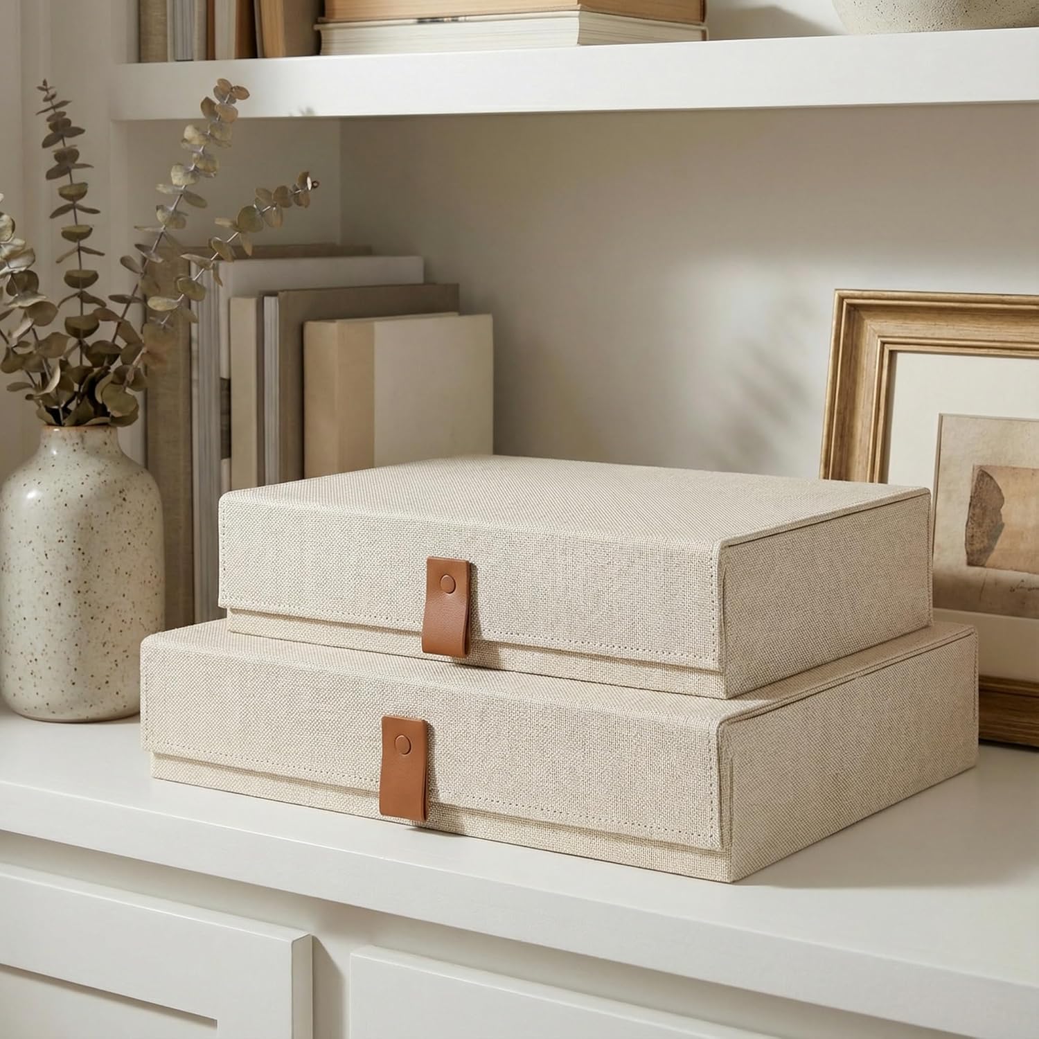 Decorative Photo Storage Boxes with Lids – Set of 2 Beautiful Linen Organizers Are Perfect to Safely Store Your Pictures, Documents, Scrapbooking Supplies, Keepsakes and Other Memories in Style