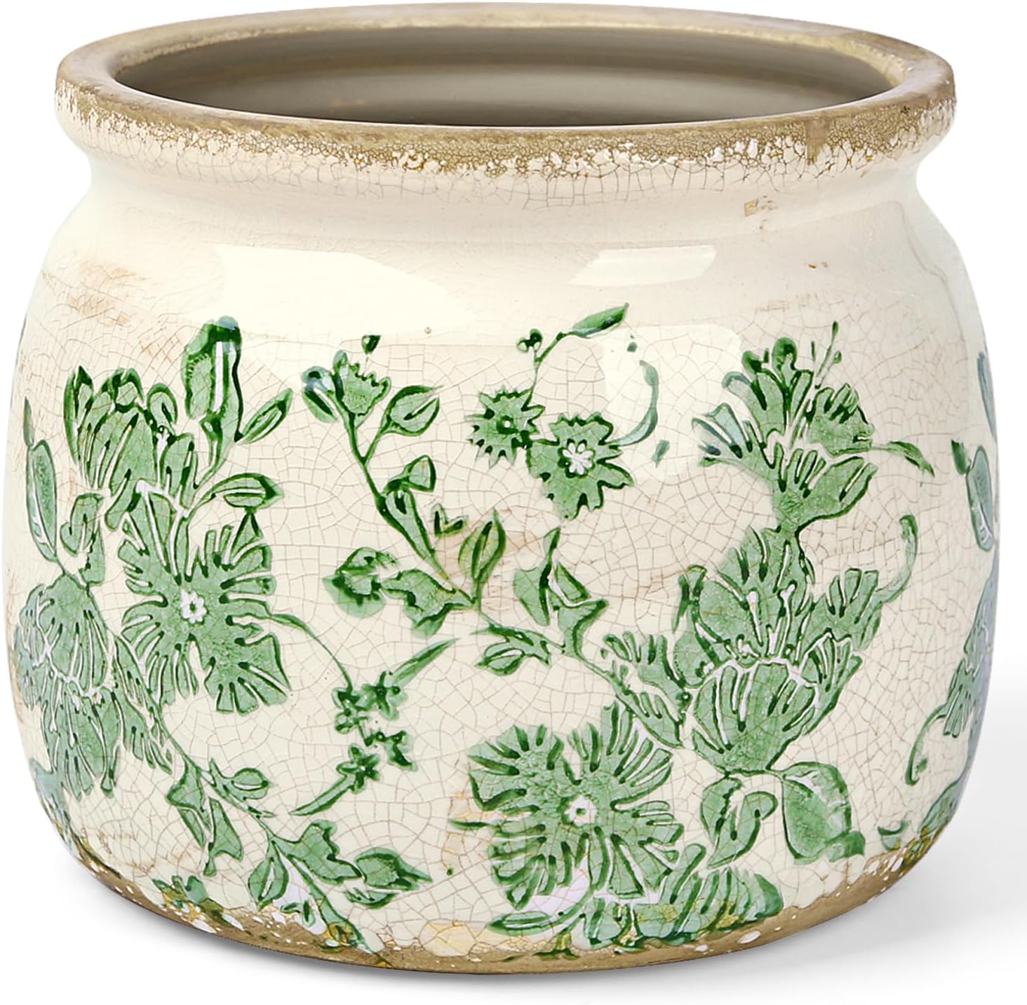 Flower Pots Planters for Indoor Plants Ceramic Plant Pots with Drainage 6.1 Inch Vintage Ceramic Pots for Plants Outdoor Home Garden Decor, Crackled Green Peony