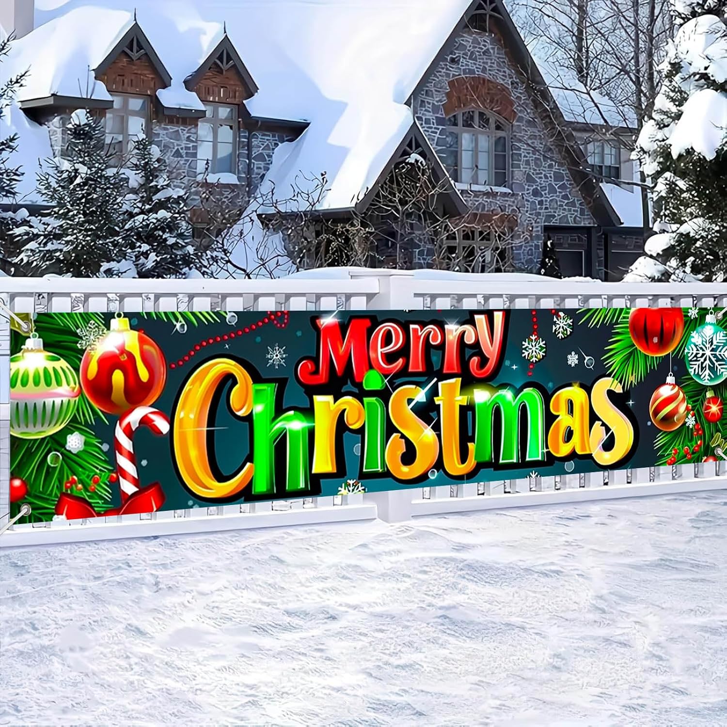 BlissYard Merry Christmas Fence Banner Candy Cane Decor 78 x 17 Inch | Christmas Sign Backdrop, Merry Christmas Lawn Party Background, Front Door Yard Fence Candy Cane Print