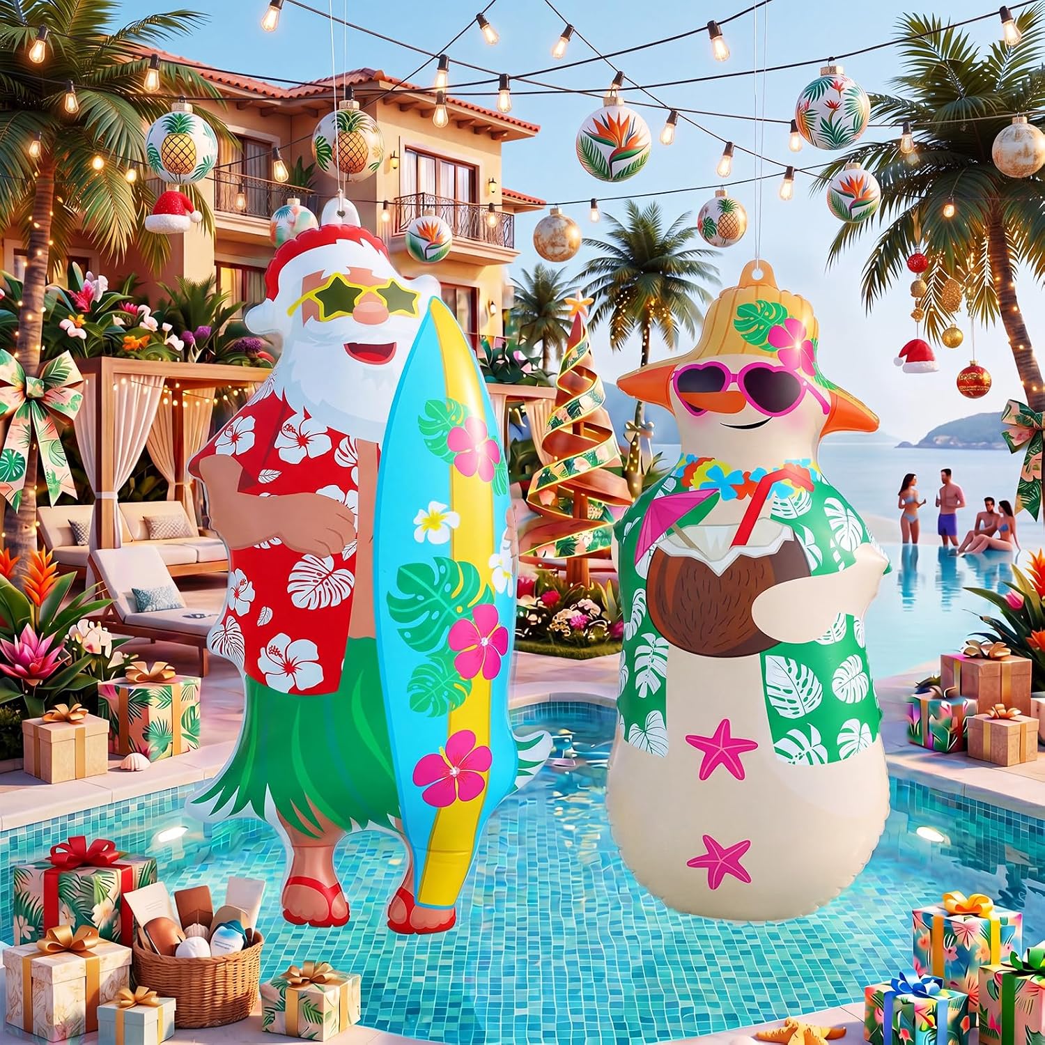 Bencailor 2 Pcs 31.5″ Christmas in July Inflatables Decoration Outdoor Inflatables Hawaiian Santa Claus Snowman Hanging Decoration Summer Christmas Blow up Yard Decor for Outdoor Tree Lawn Pool Party