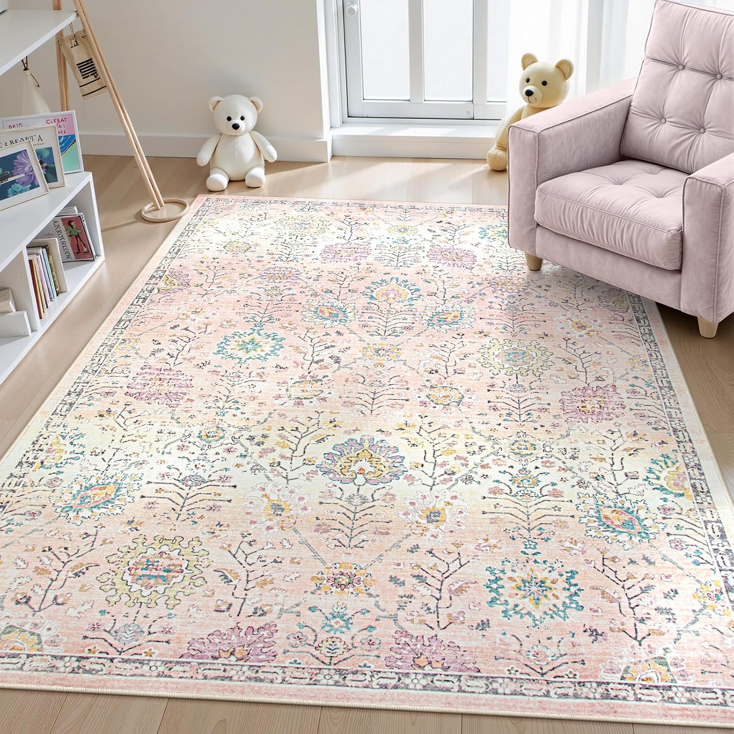 Lahome Pink Rug for Girls Bedroom 5×7, Soft Washable Floral Dorm Rug, Boho Non Slip Pastel Classroom Carpect for Dorm Room, Kids Room, Nursery and Playroom